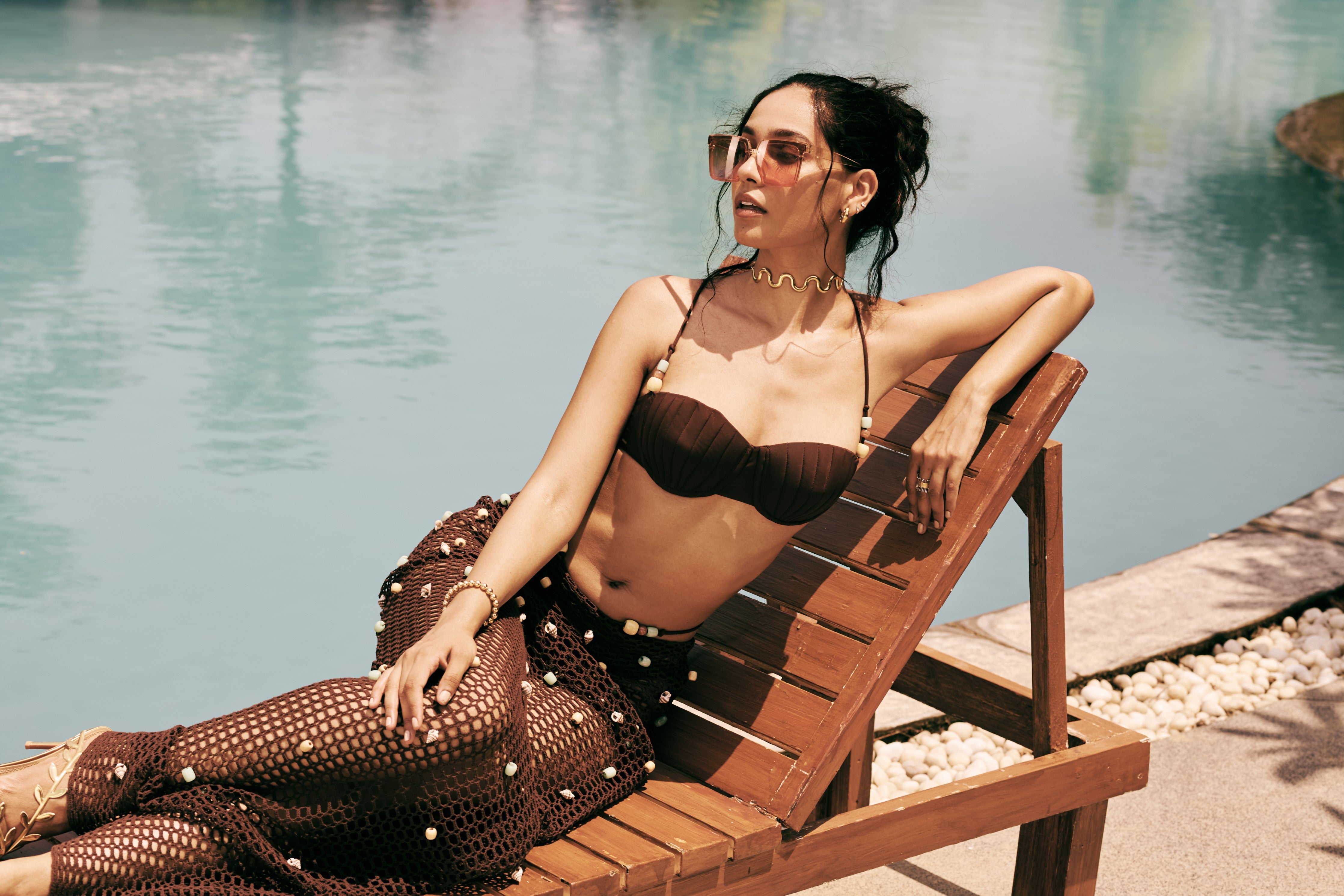 Svetla Brown Beaded Crotchet Cover-up Skirt