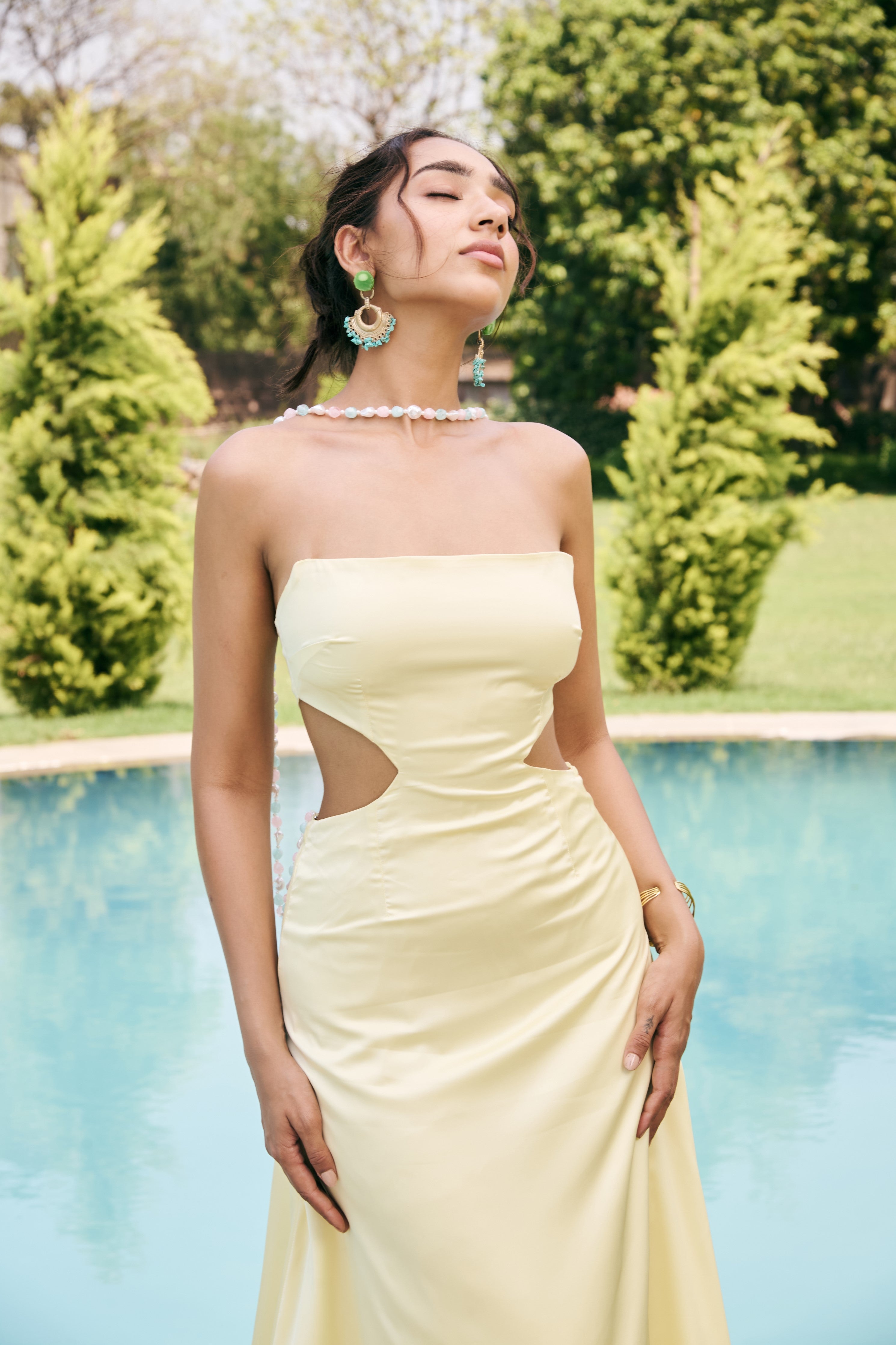 Albina Butter Yellow Satin Cutout Dress with Bead Chain