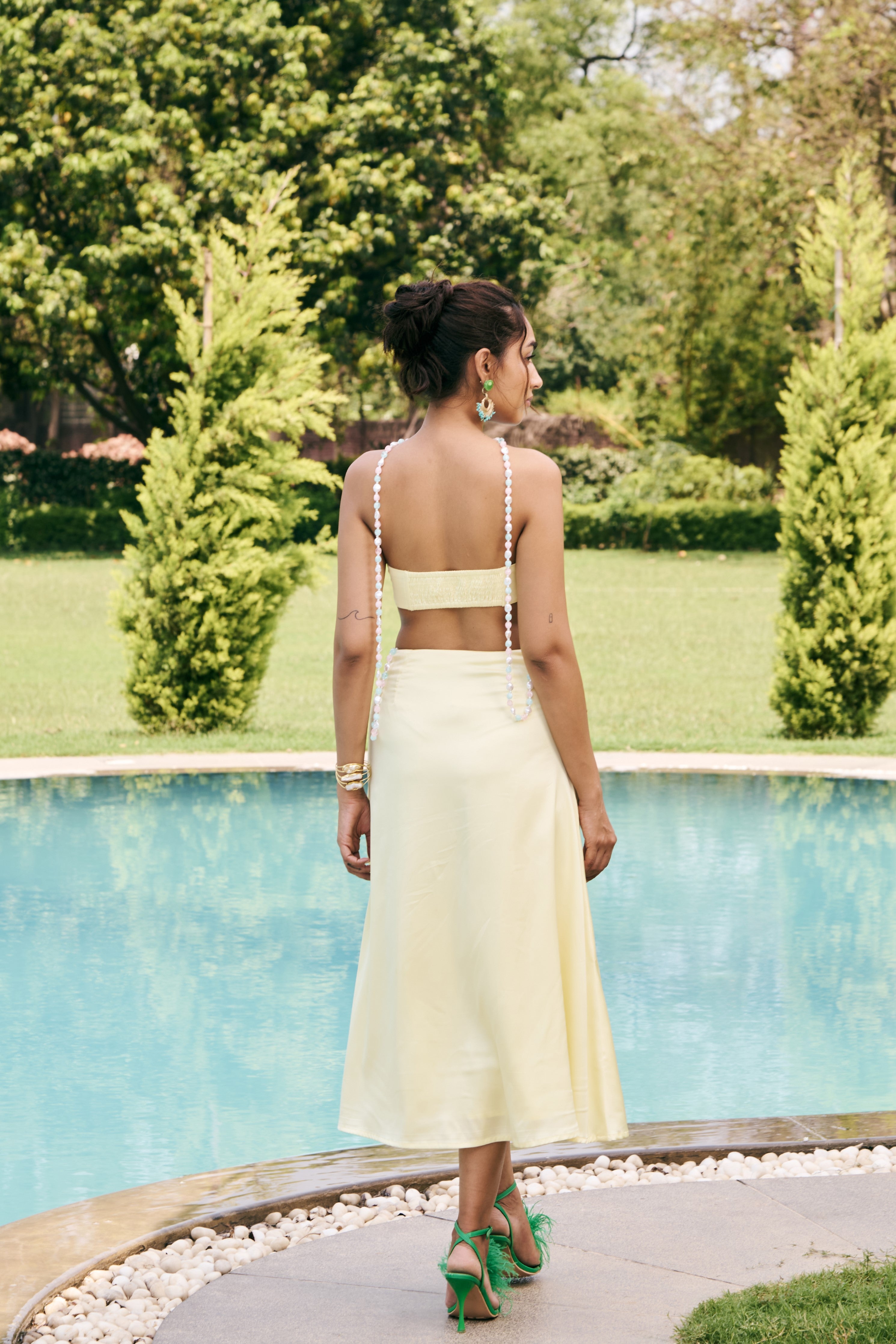 Albina Butter Yellow Satin Cutout Dress with Bead Chain