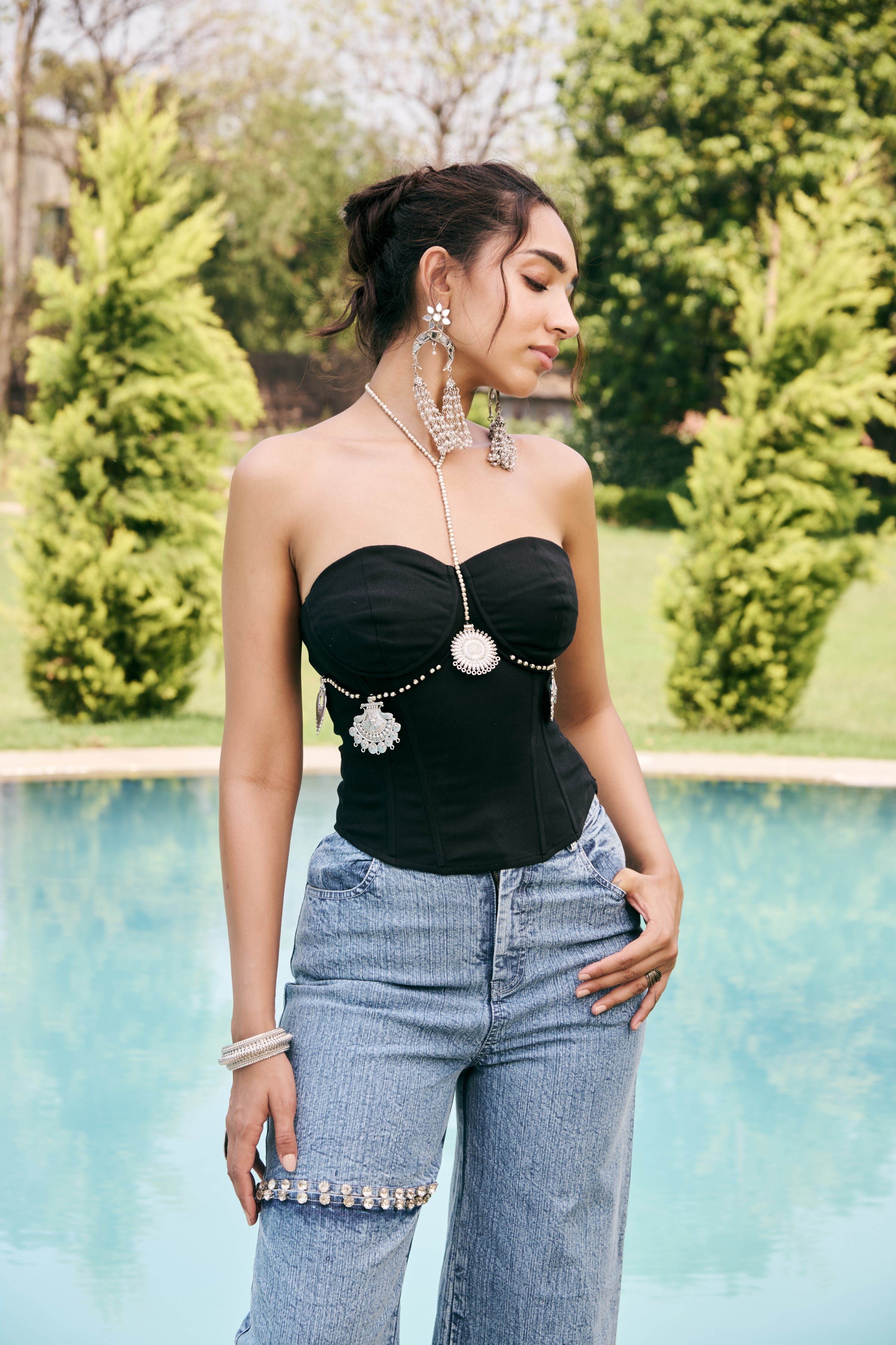 Inara Black Bustier Corset and Embellished Bust Chain