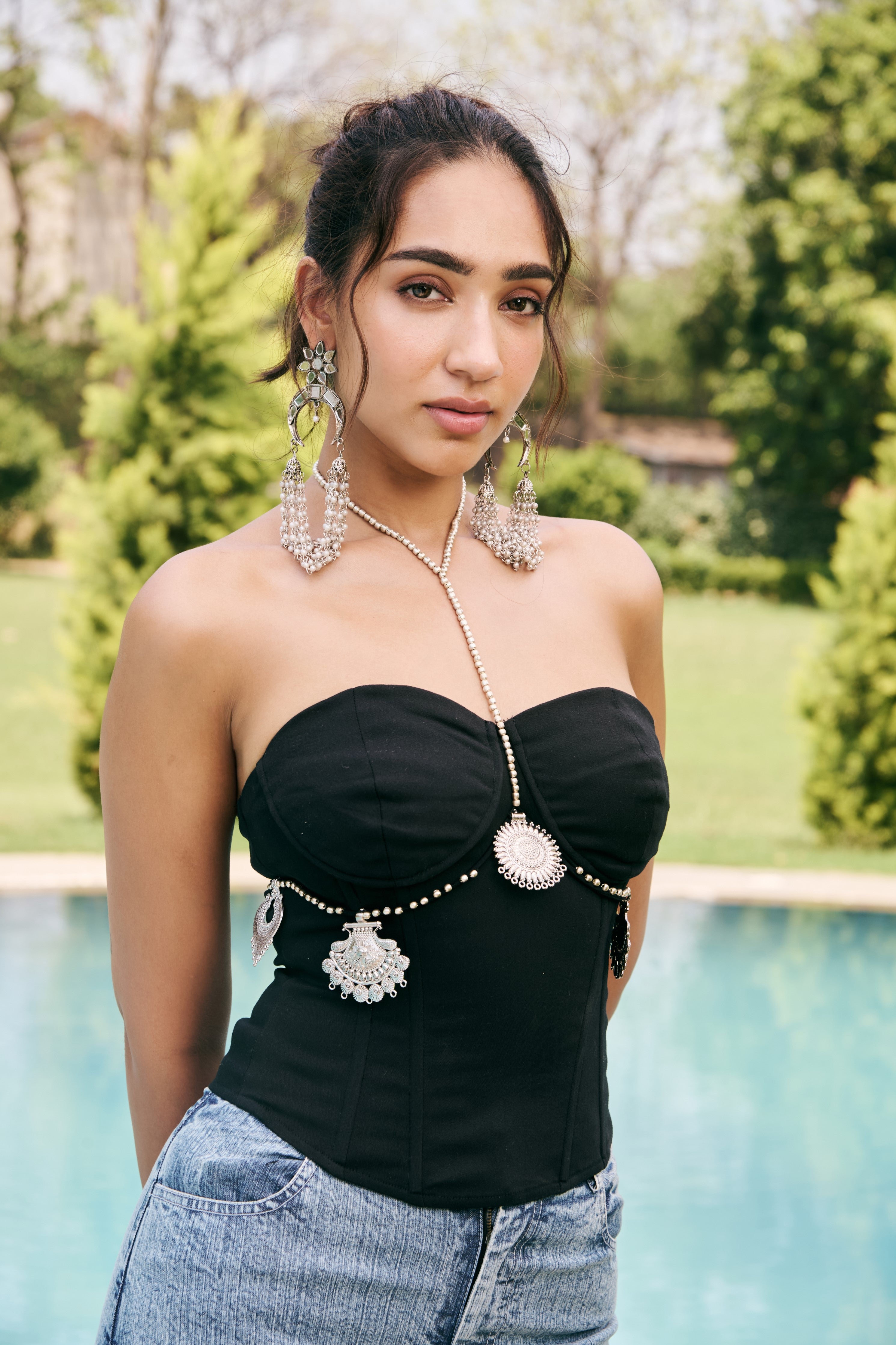 Inara Black Bustier Corset and Embellished Bust Chain