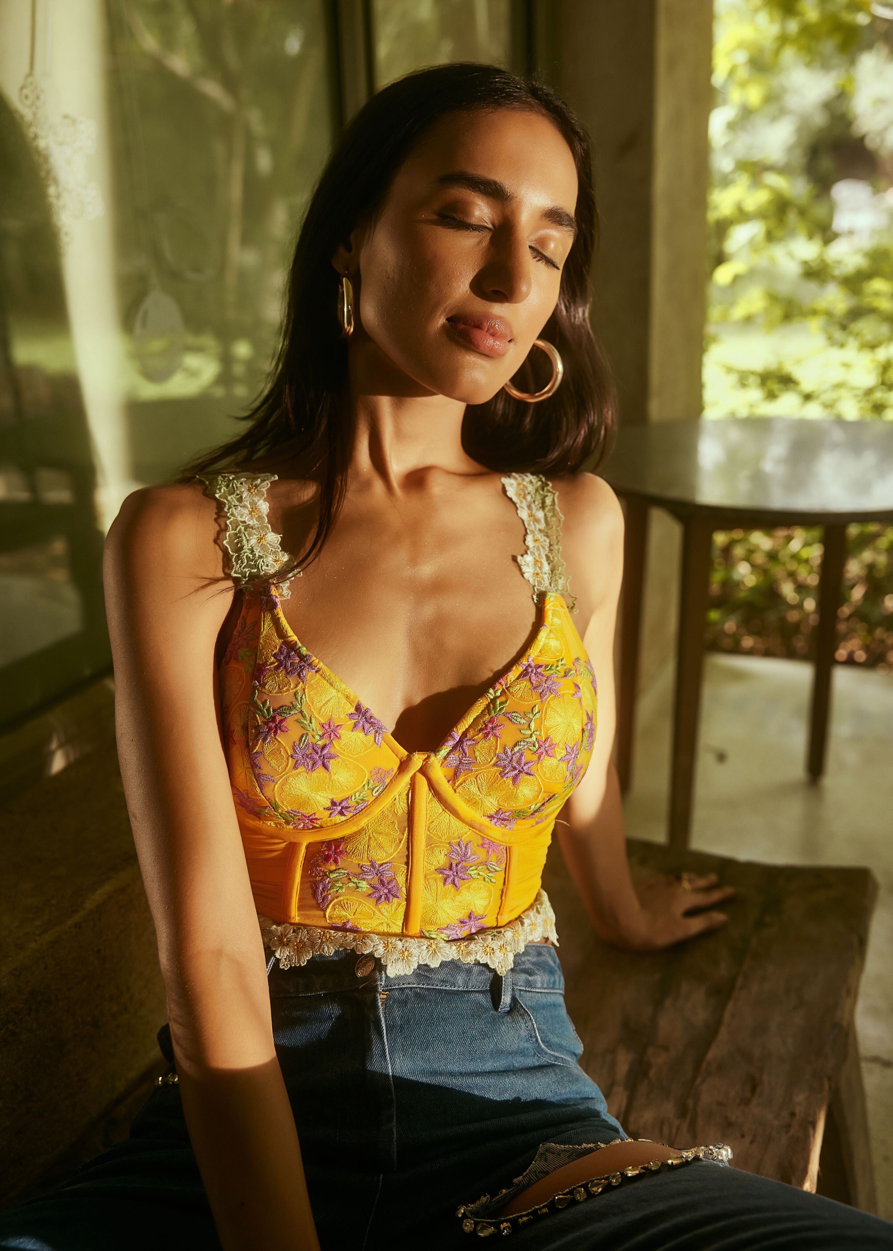 Lemon Yellow Embroidered Longline Corset Bra with delicate embroidery and a sleek longline fit