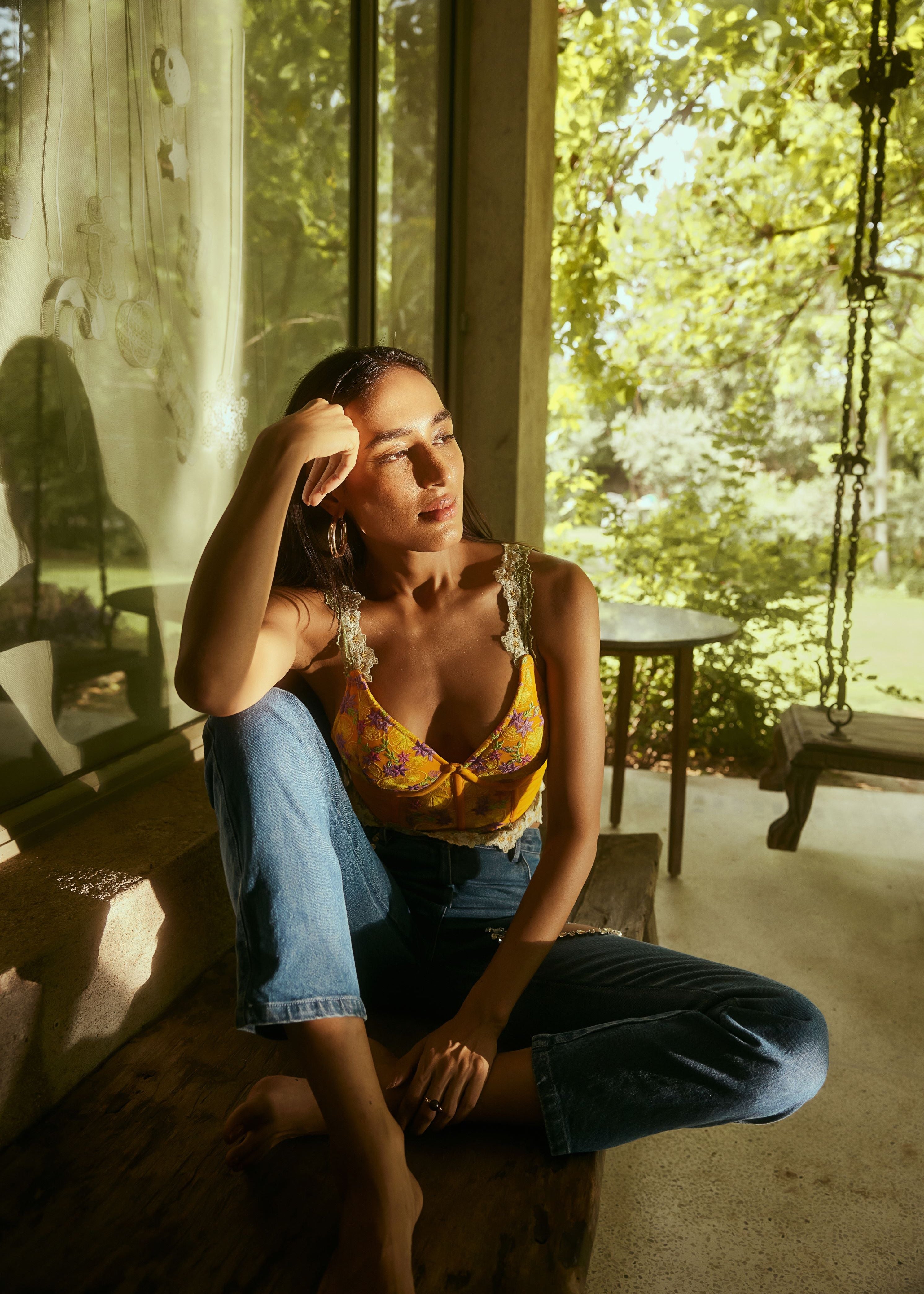 Lemon Yellow Embroidered Longline Corset Bra with delicate embroidery and a sleek longline fit