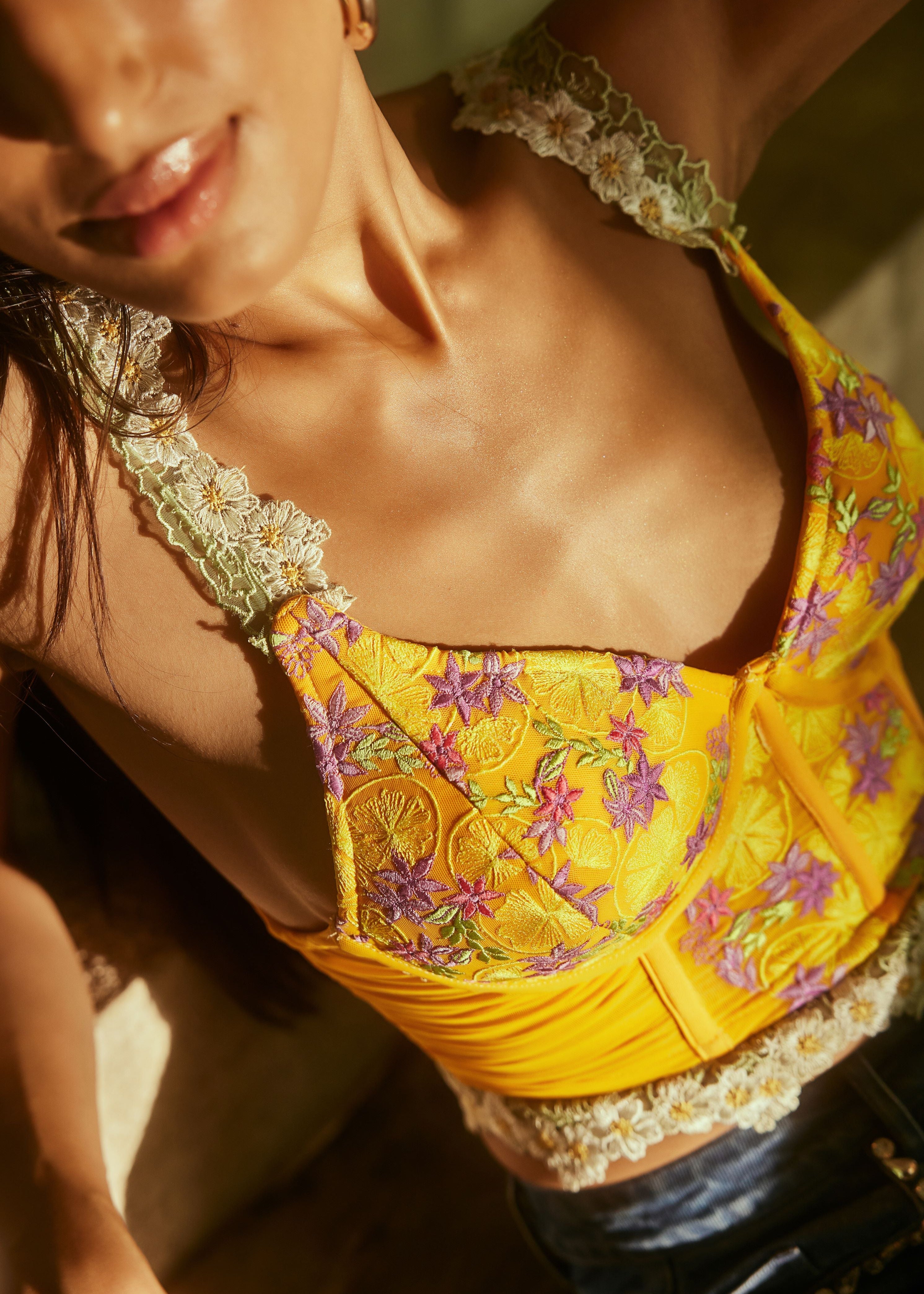 Lemon Yellow Embroidered Longline Corset Bra with delicate embroidery and a sleek longline fit