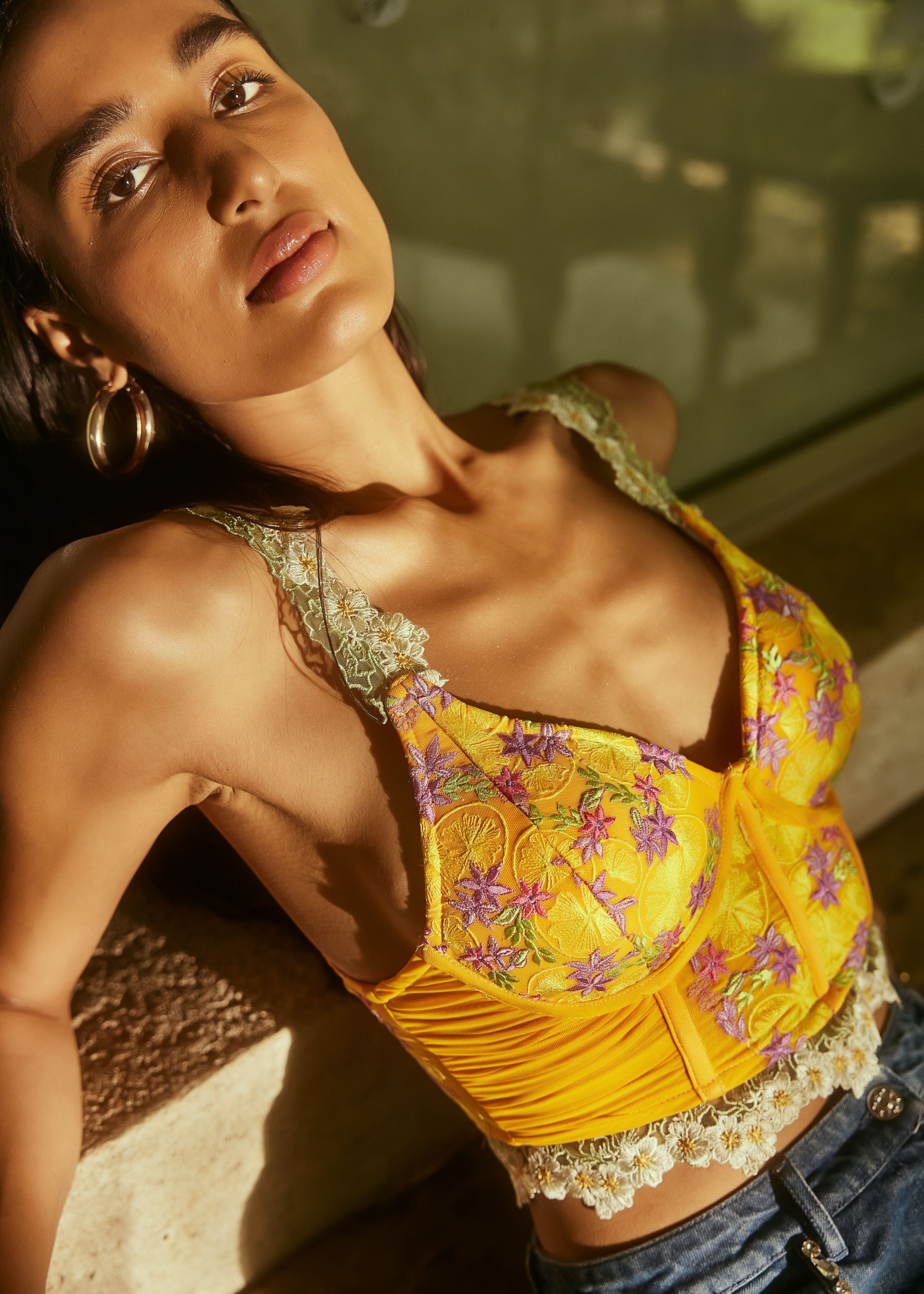 Lemon Yellow Embroidered Longline Corset Bra with delicate embroidery and a sleek longline fit