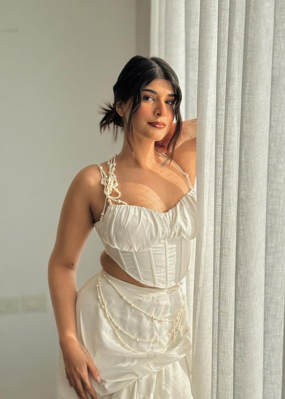 White Satin and Pearl Embroidered Corset Set with elegant satin fabric and delicate pearl embroidery.