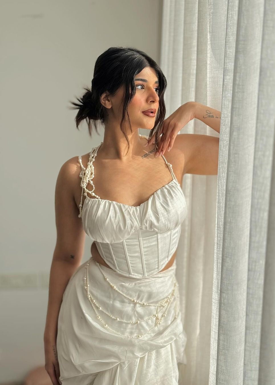 White Satin and Pearl Embroidered Corset Set with elegant satin fabric and delicate pearl embroidery.