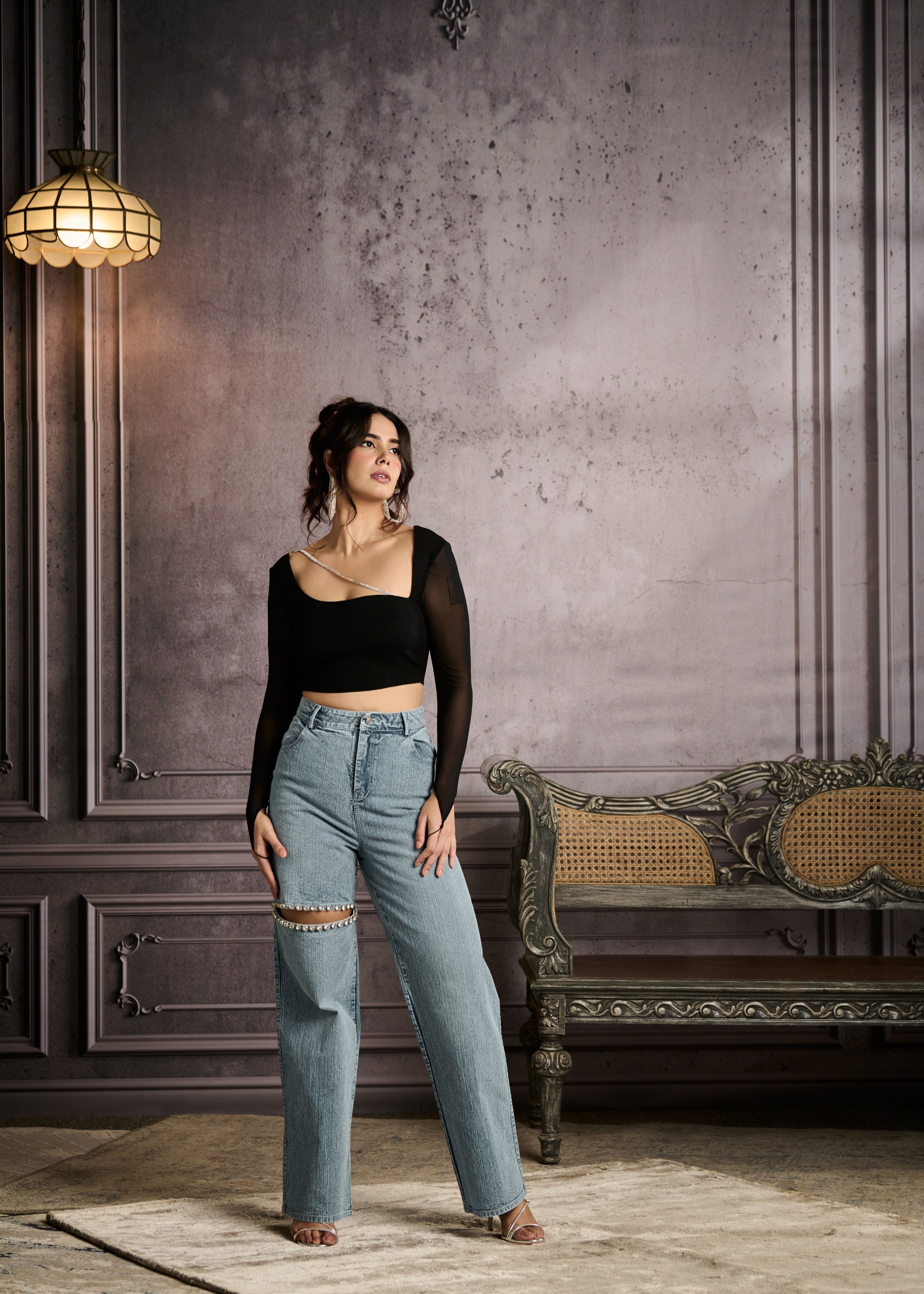 Maeve Black Crop Top with Rhinestones