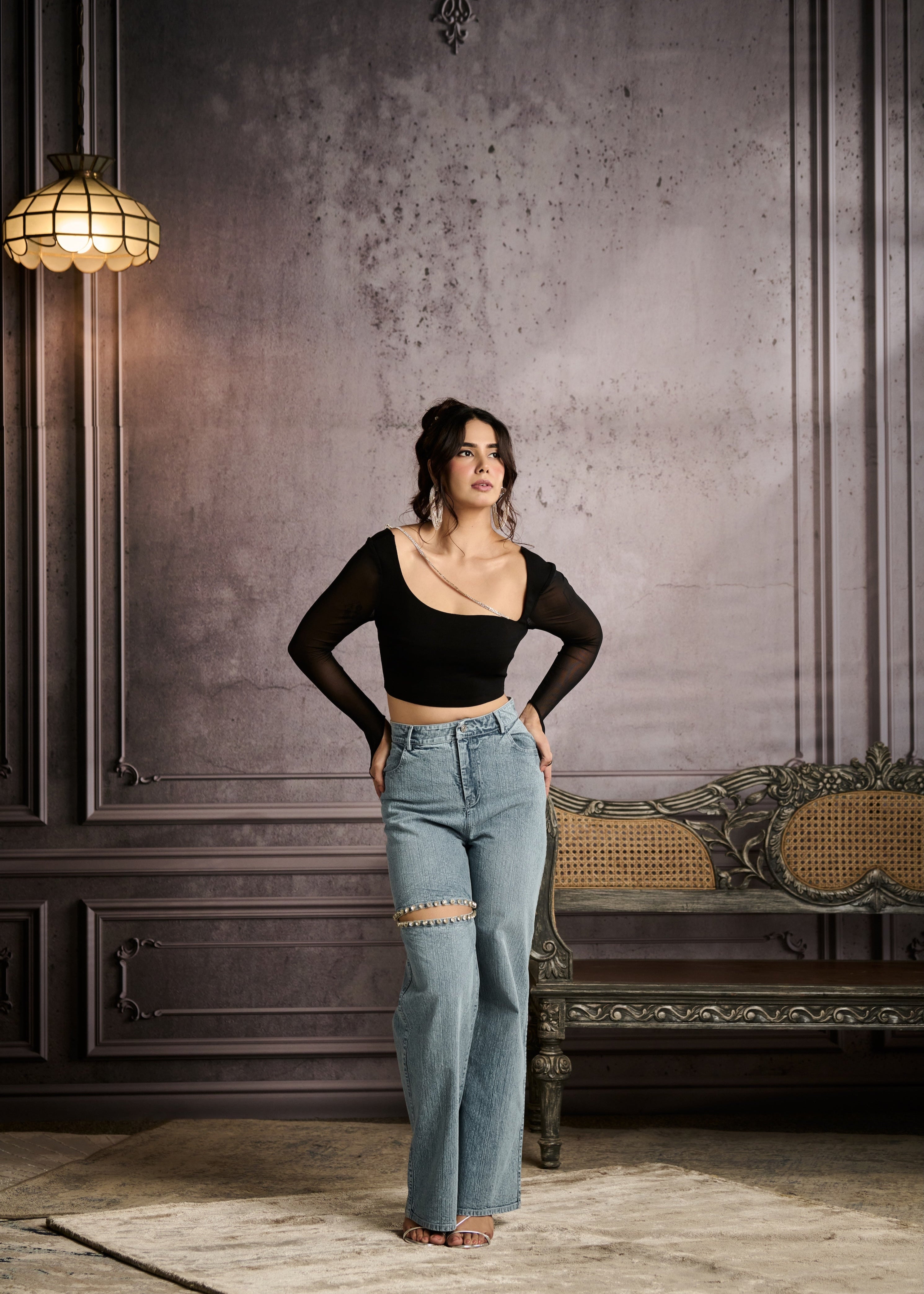 Maeve Black Crop Top with Rhinestones