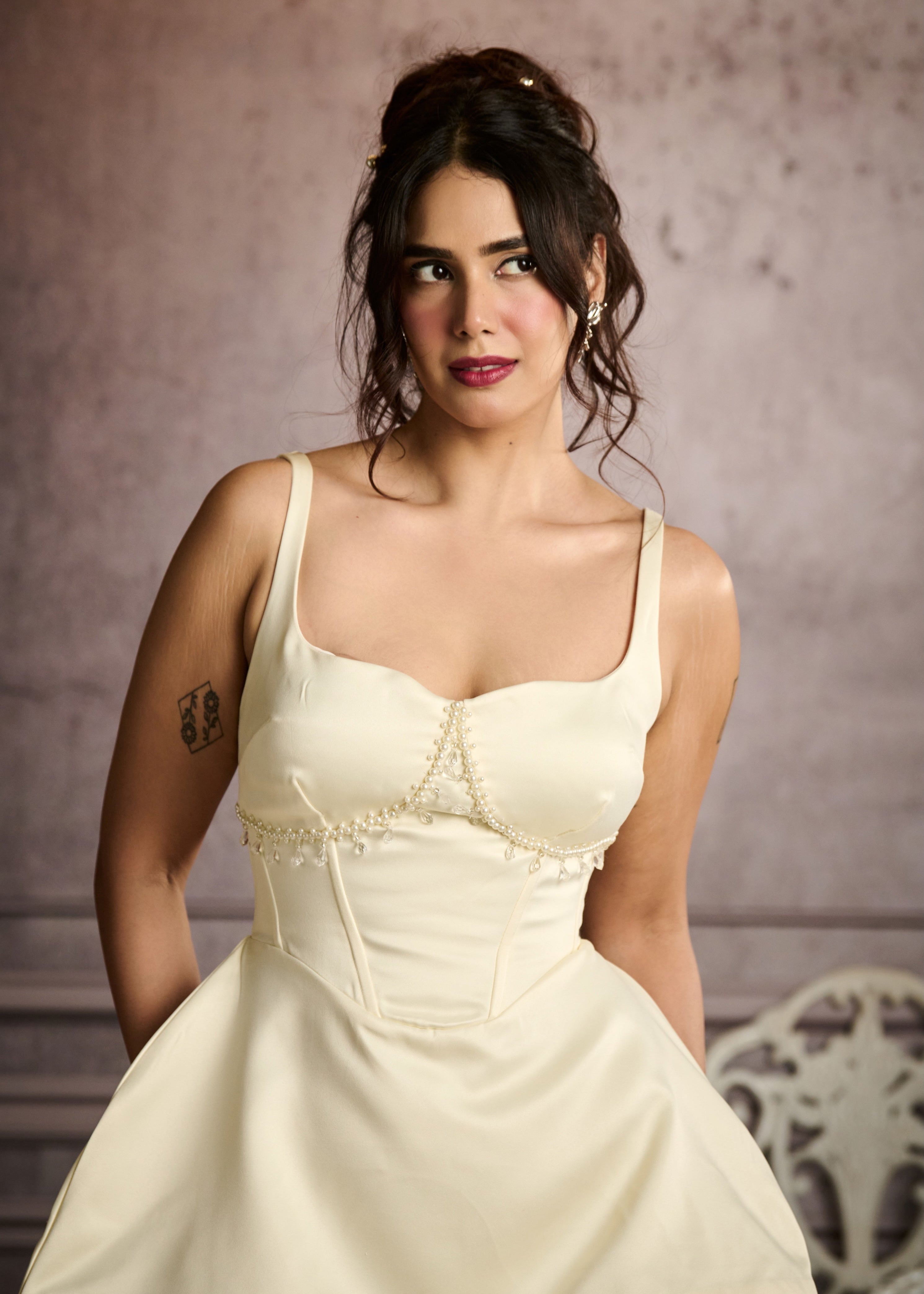 Meredith Off-White Hand Embroidered Mini Corset Dress