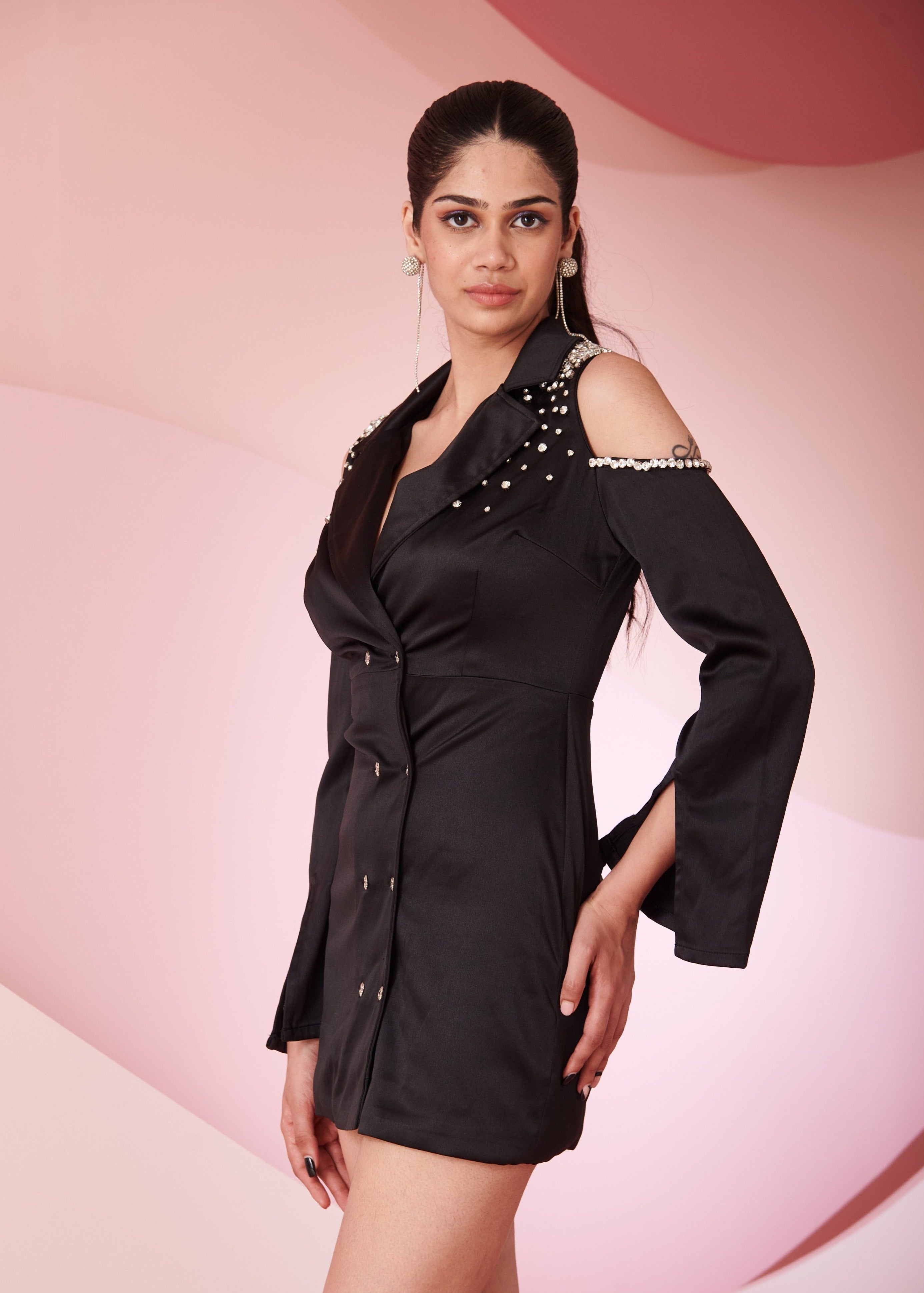 Midori Black Satin Cutout Hand-Embroidered Mini Blazer Dress