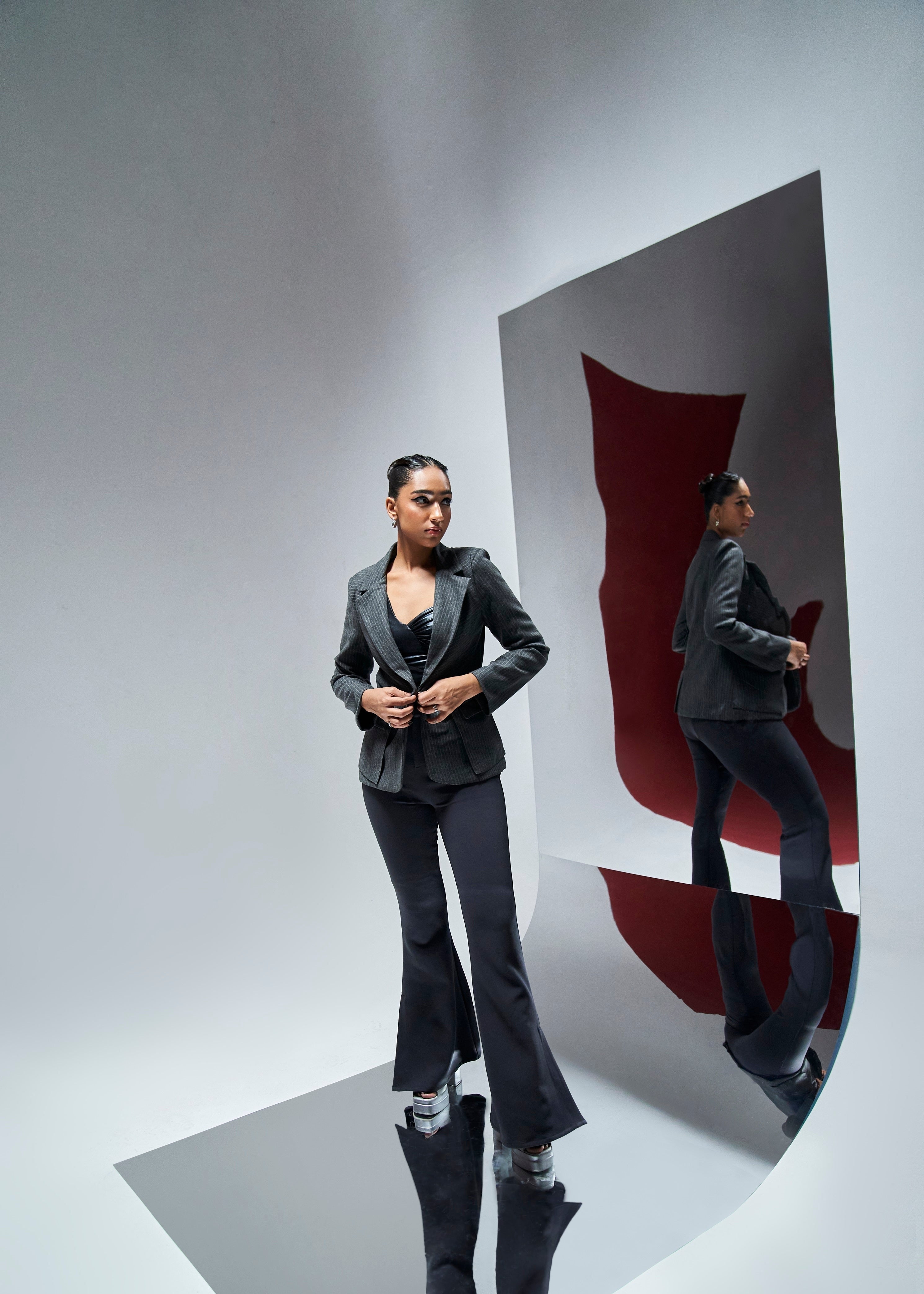 Monet Grey Striped Tailored Blazer featuring a sleek striped pattern and a sharp tailored fit