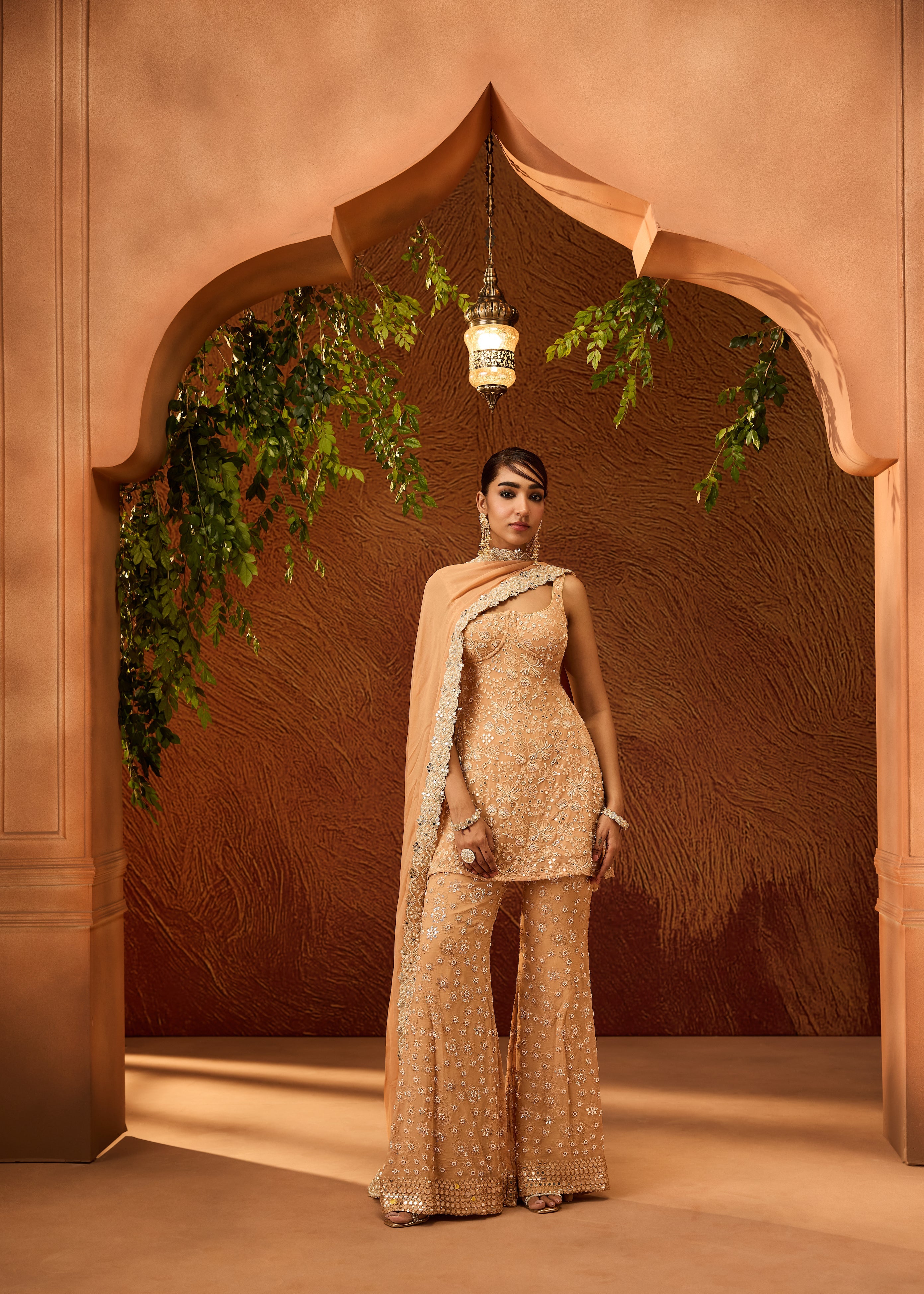 Namya Buff Orange Embroidered Sharara Set