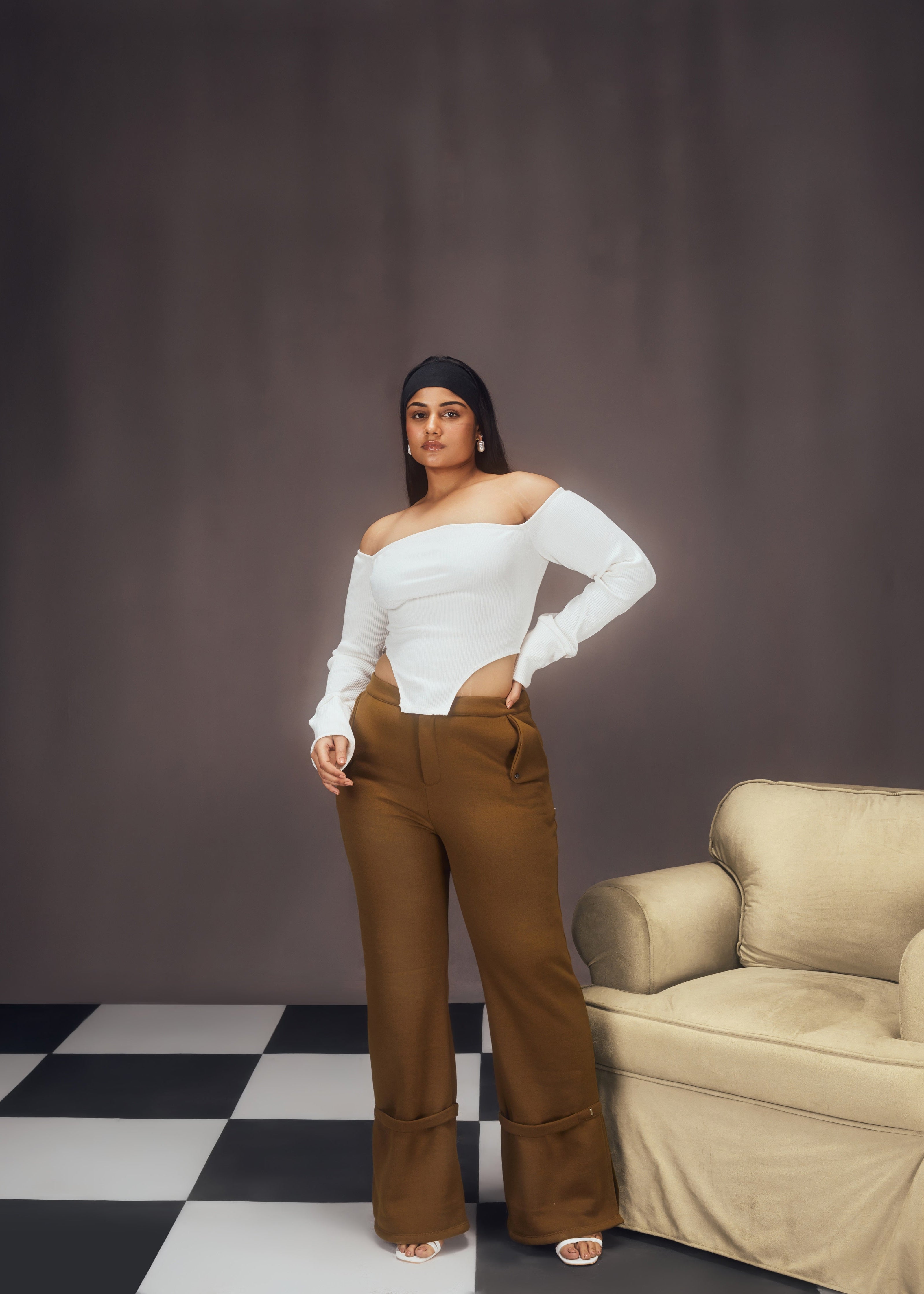 Nerea White Rib Off-Shoulder Asymmetrical Top and Khaki Fleece Embellished Pants Set, blending a stylish off-shoulder top with cozy, embellished pants