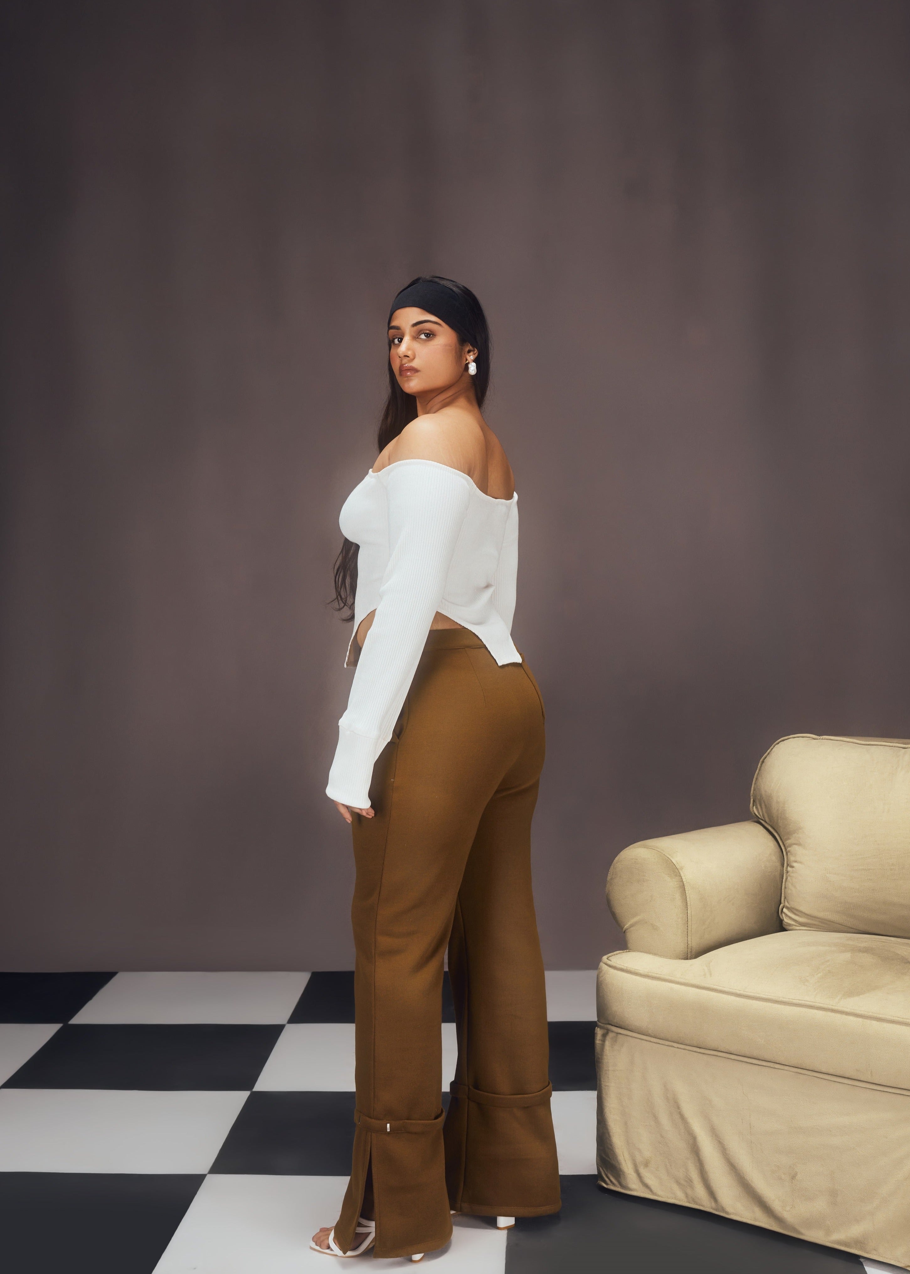 Nerea White Rib Off-Shoulder Asymmetrical Top and Khaki Fleece Embellished Pants Set, blending a stylish off-shoulder top with cozy, embellished pants
