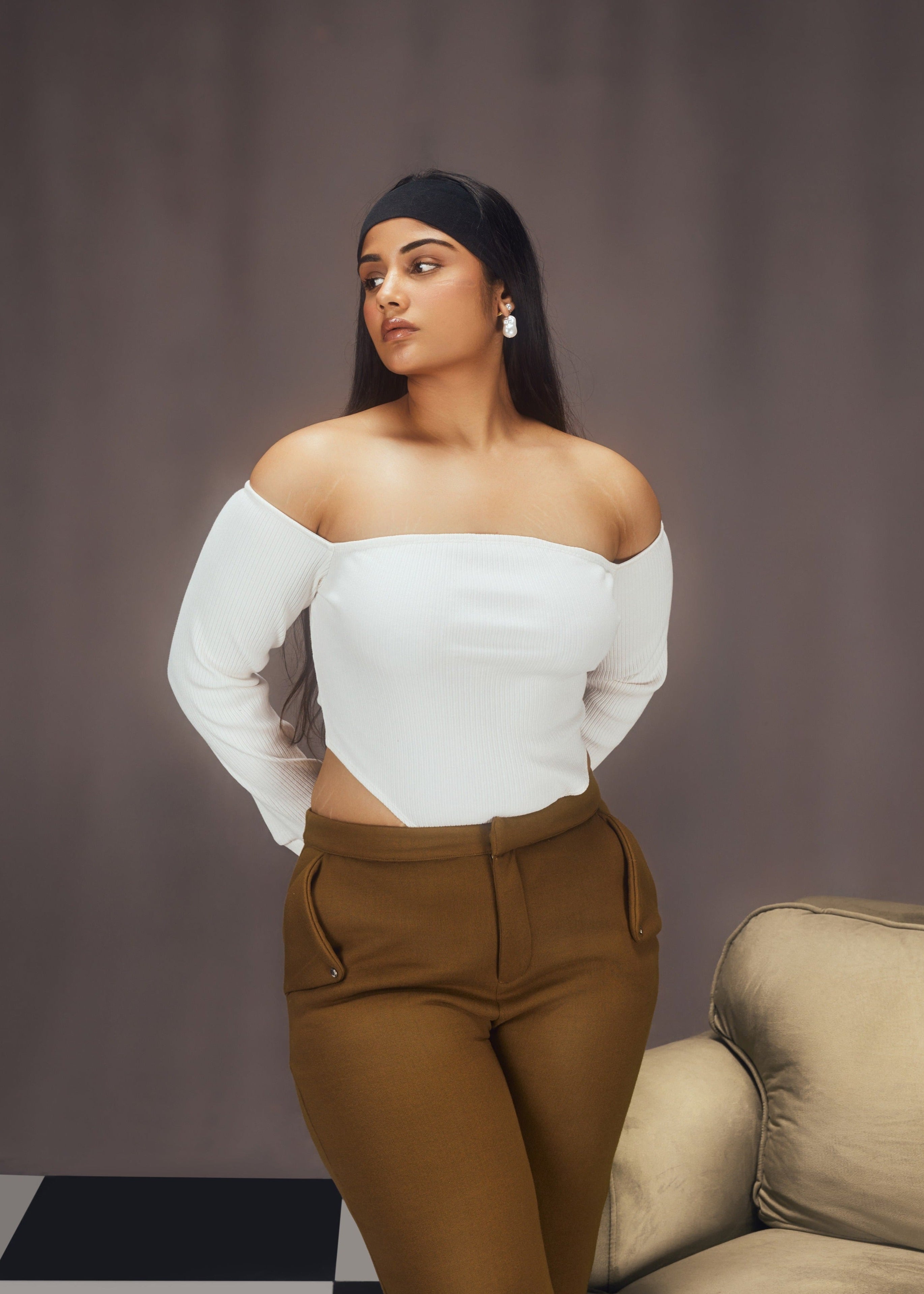 Nerea White Rib Off-Shoulder Asymmetrical Top and Khaki Fleece Embellished Pants Set, blending a stylish off-shoulder top with cozy, embellished pants