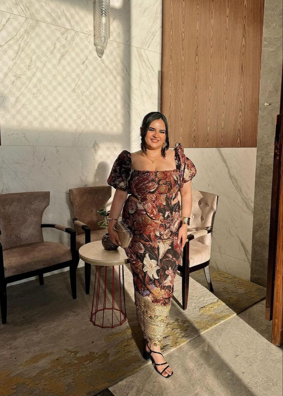 Noir Black Floral Print Jacquard Corset Set with elegant floral patterns and a luxurious finish