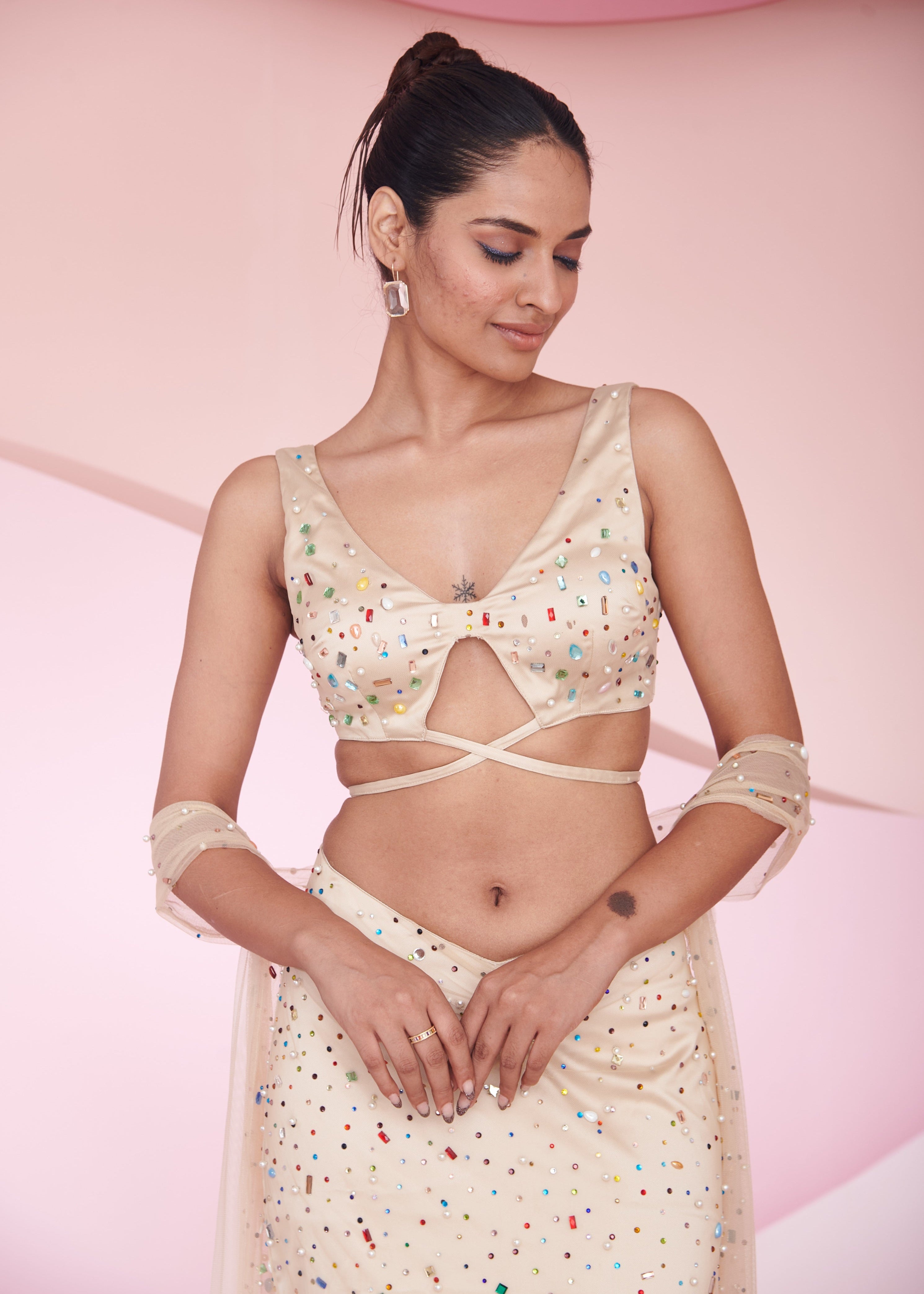 Novi nude rhinestone hand embroidered coord set with sparkling rhinestones and meticulous hand embroidery, ideal for a chic and coordinated look.