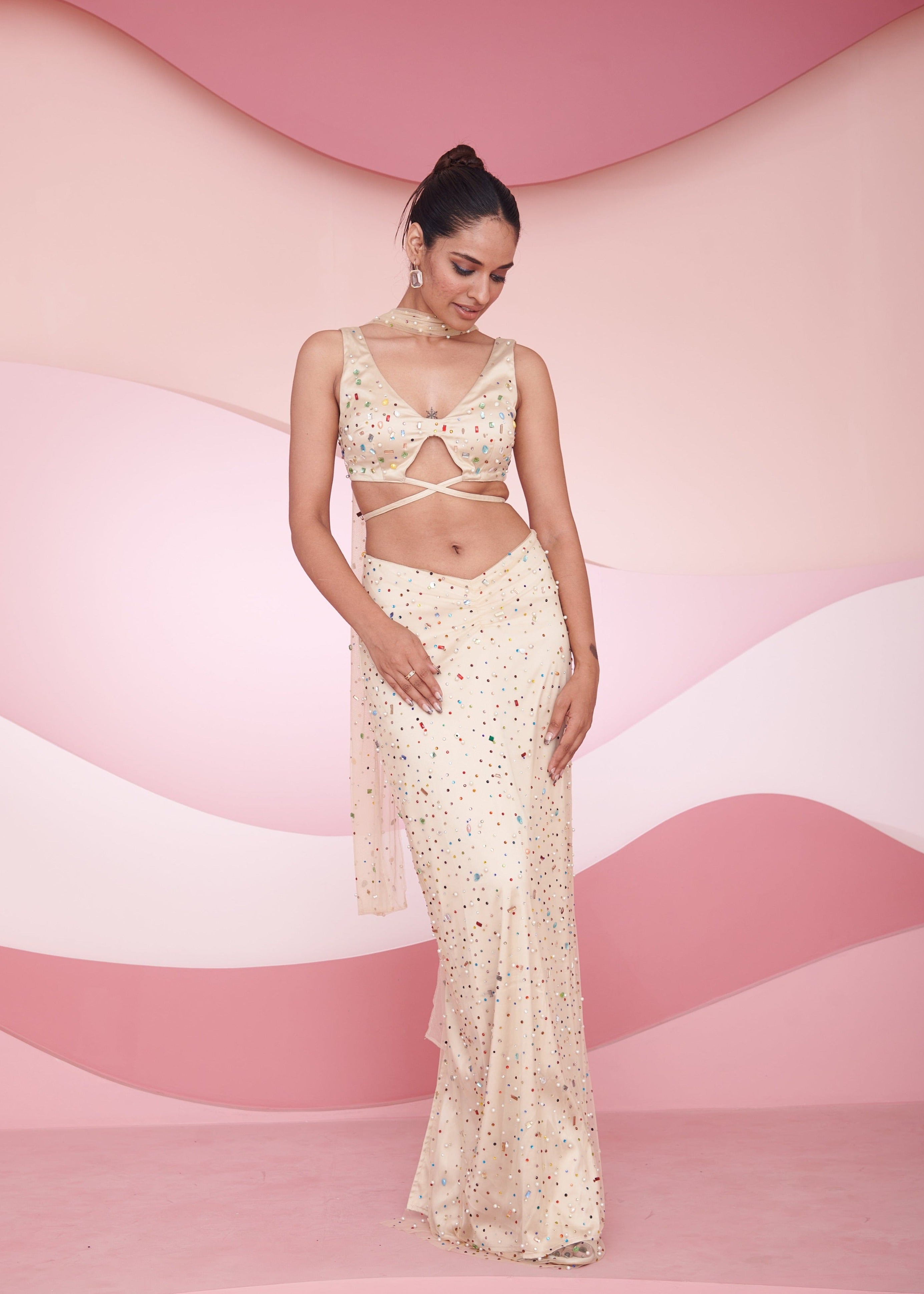 Novi nude rhinestone hand embroidered coord set with sparkling rhinestones and meticulous hand embroidery, ideal for a chic and coordinated look.