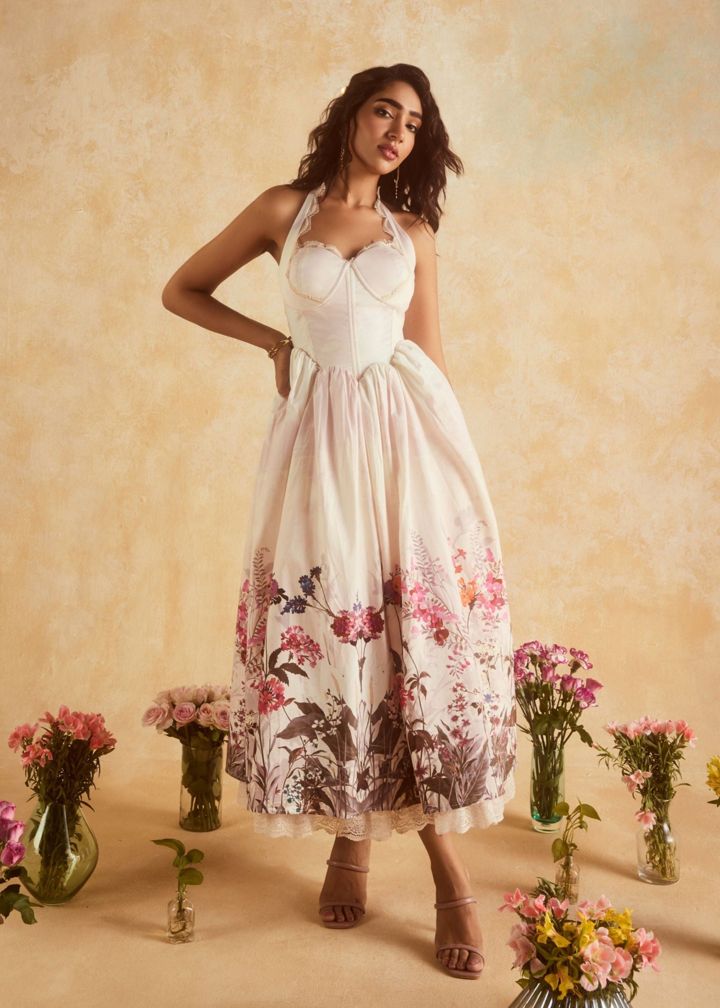 "Stylish Oaklynn White Floral Corset Halter Midi Dress with a Flattering Silhouette."