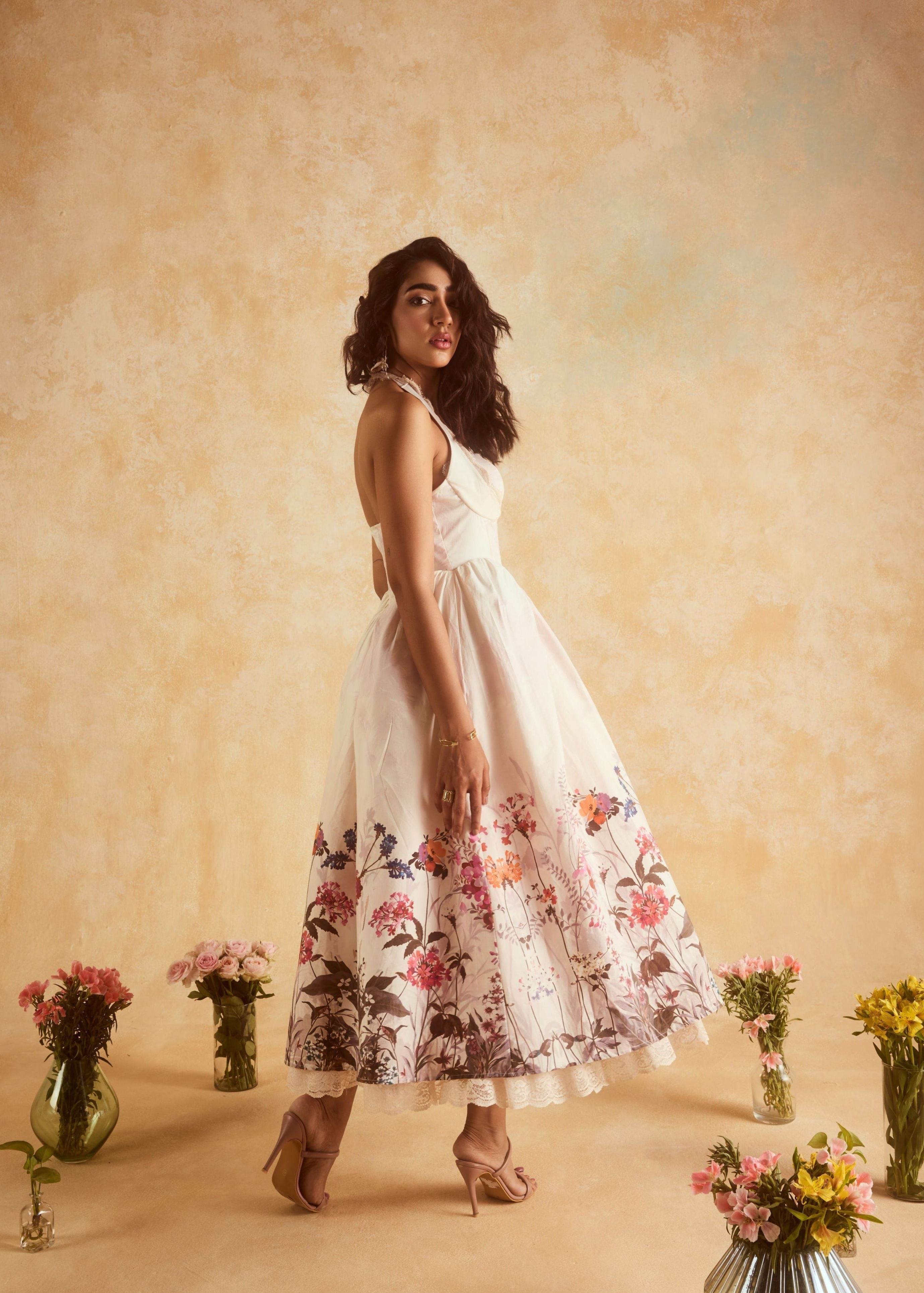 "Stylish Oaklynn White Floral Corset Halter Midi Dress with a Flattering Silhouette."