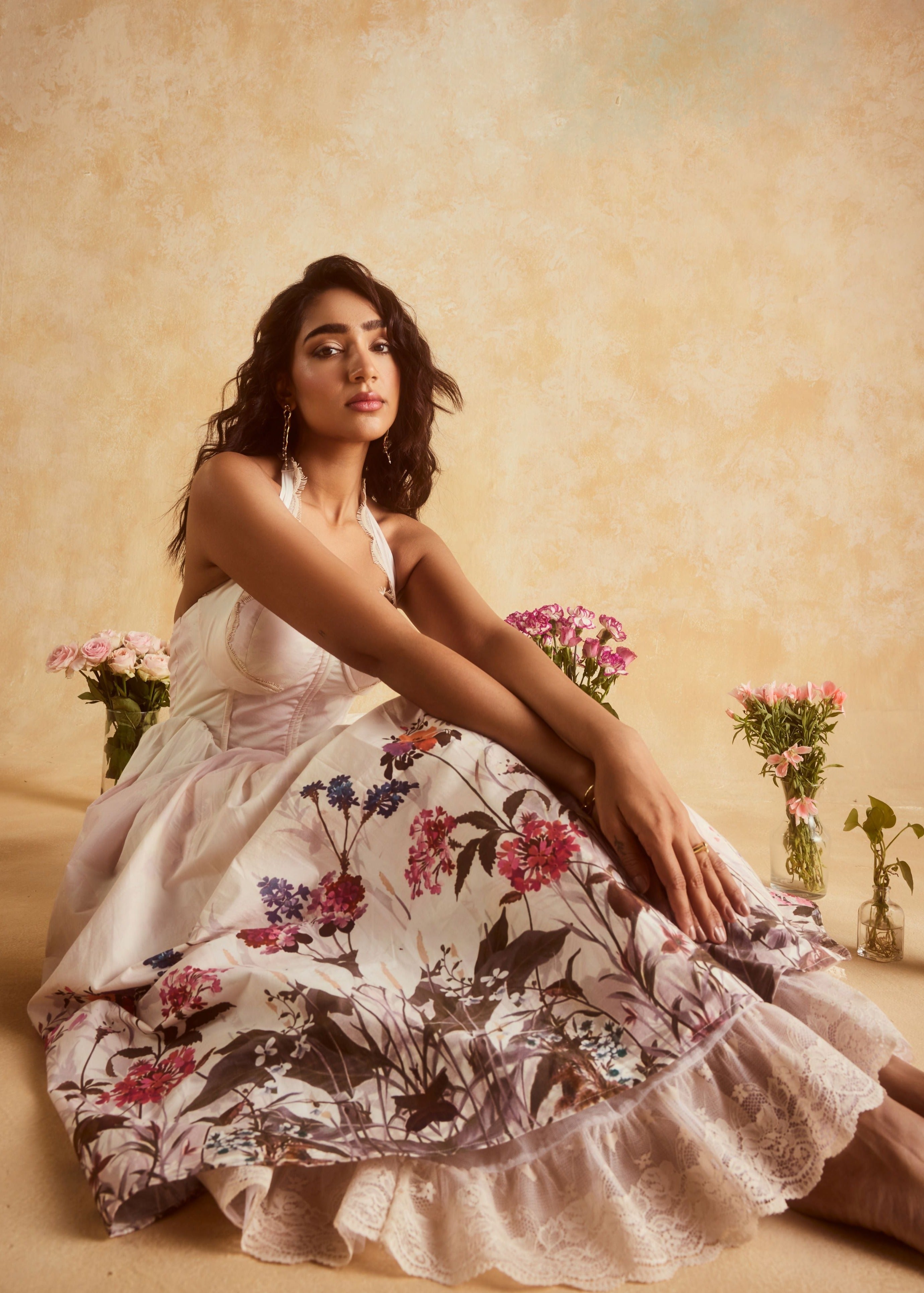 "Stylish Oaklynn White Floral Corset Halter Midi Dress with a Flattering Silhouette."