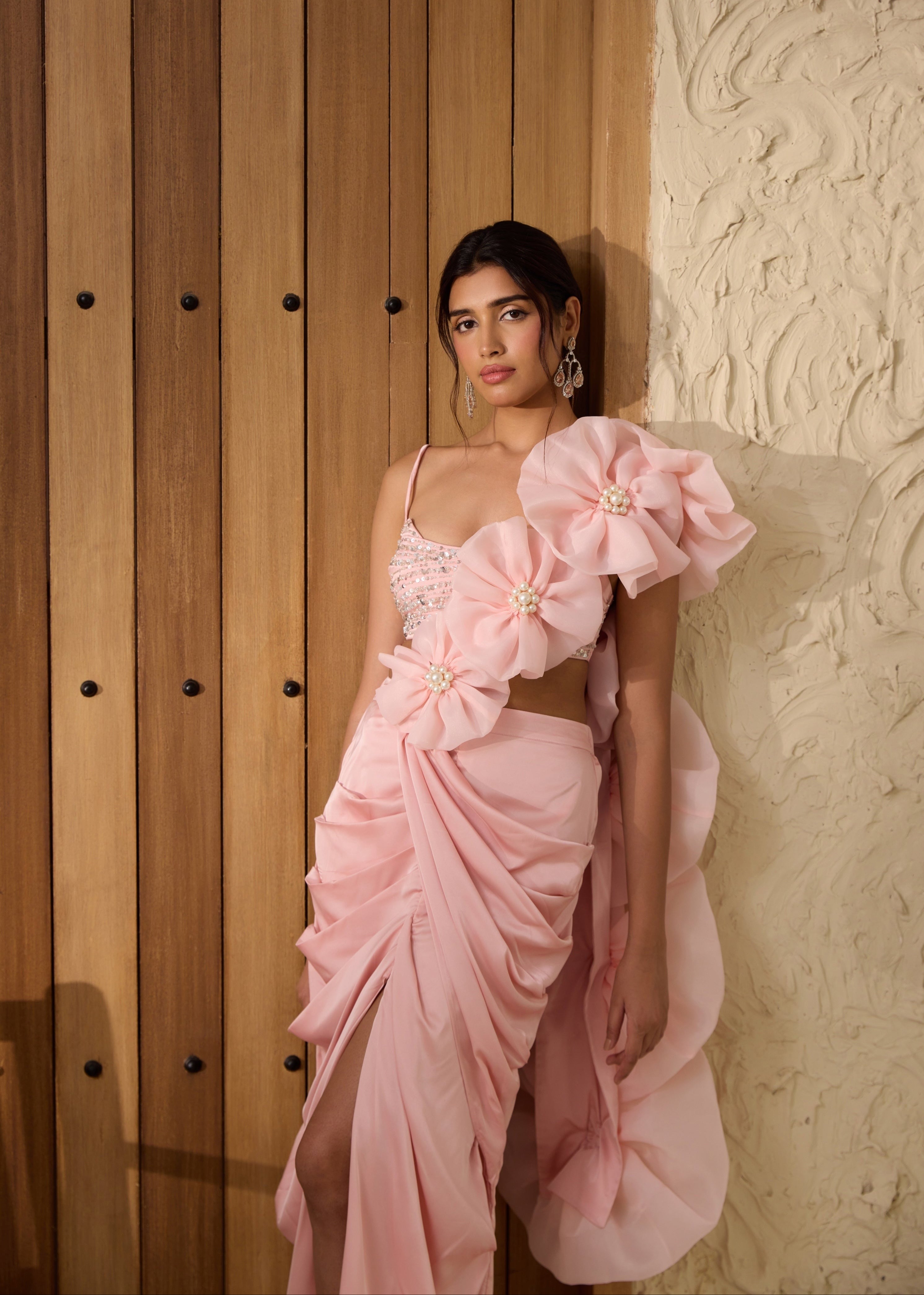 Pariza Baby Pink Satin and Organza Saree Set featuring a blend of satin and organza fabrics for a luxurious look