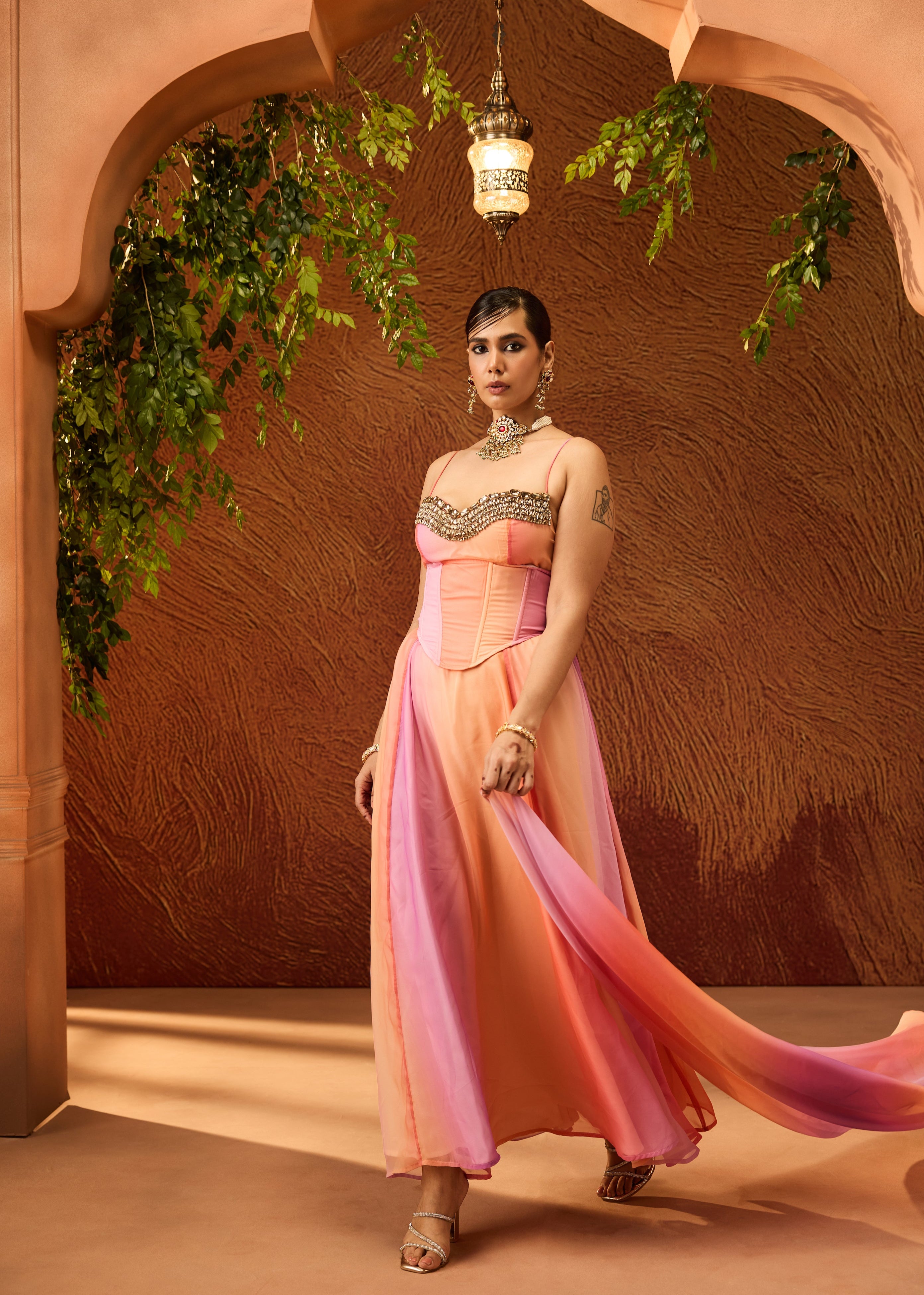 Parnika Multicolor Embroidered Anarkali Set with Corset Belt