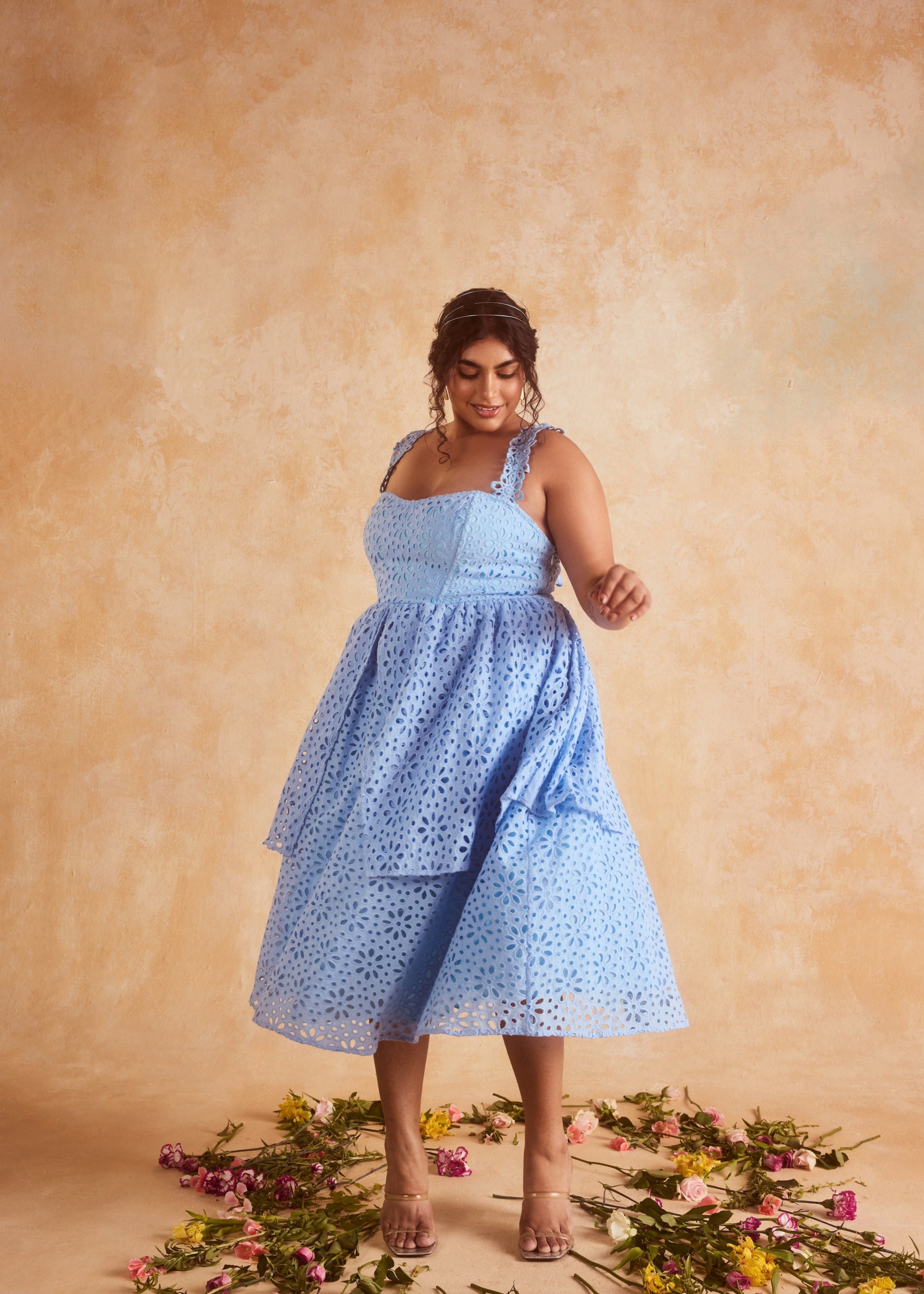 Patricia Blue Schifili Midi Dress featuring elegant embroidery and a classic mid-length cut.