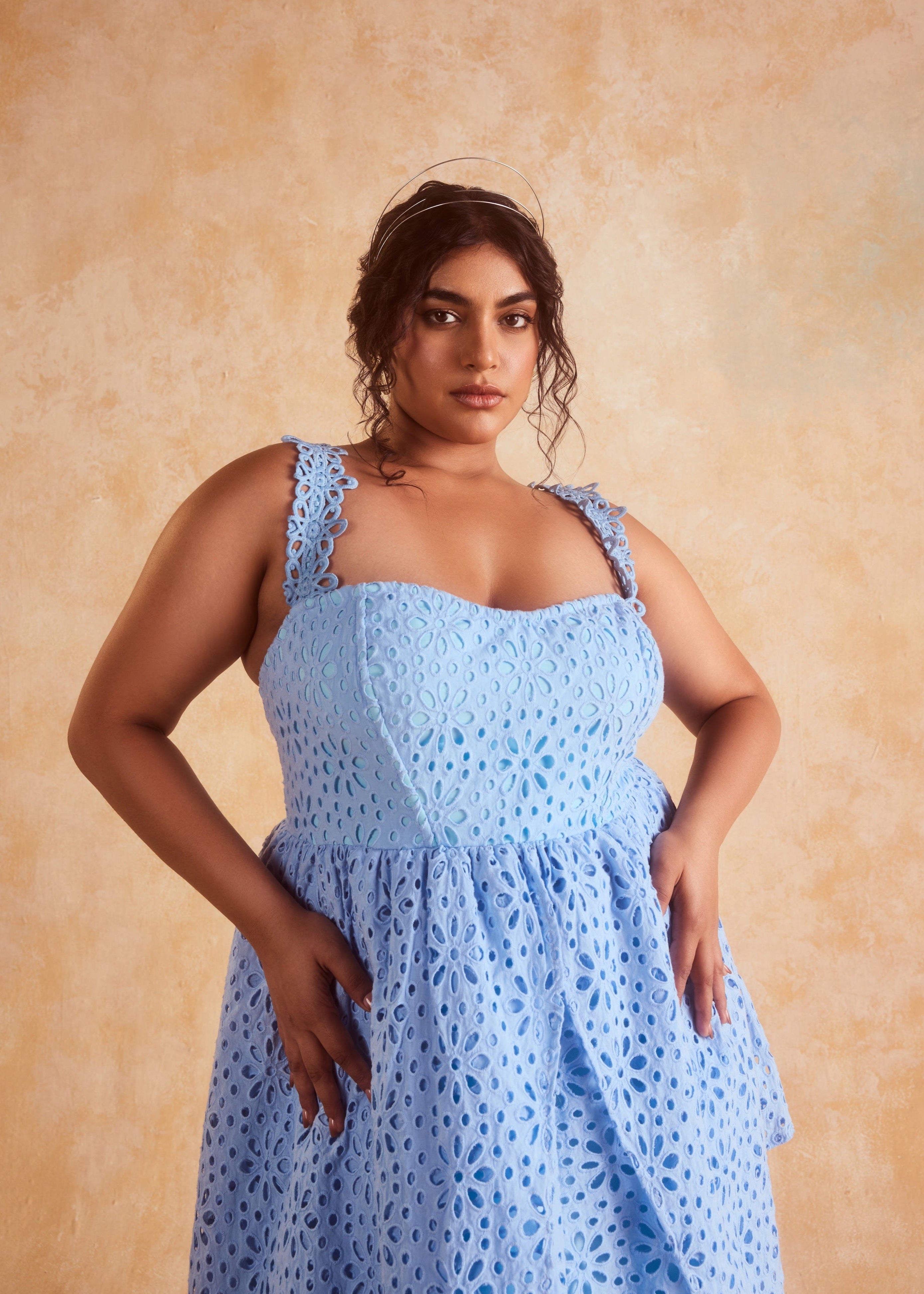 Patricia Blue Schifili Midi Dress featuring elegant embroidery and a classic mid-length cut.