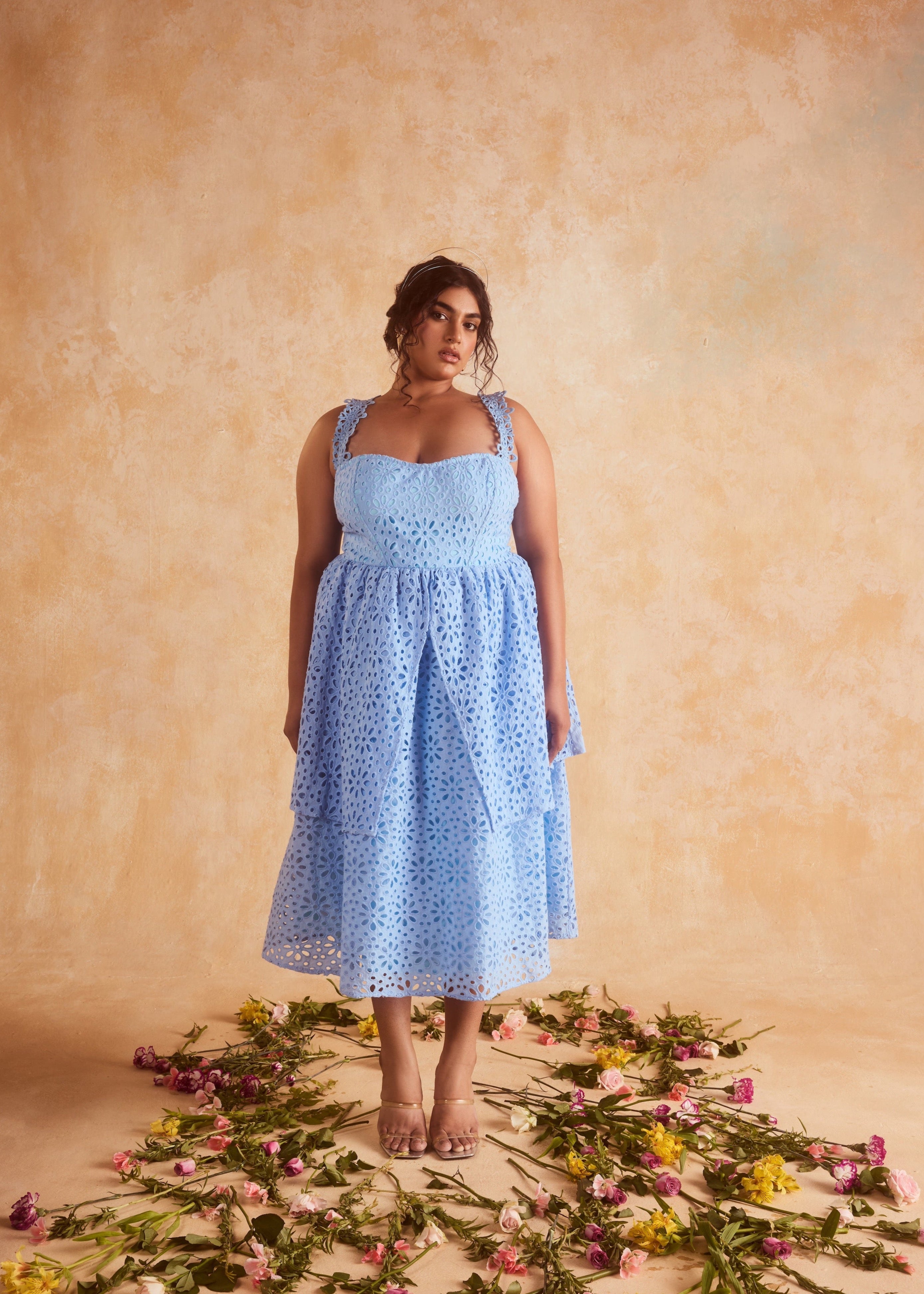 Patricia Blue Schifili Midi Dress featuring elegant embroidery and a classic mid-length cut.