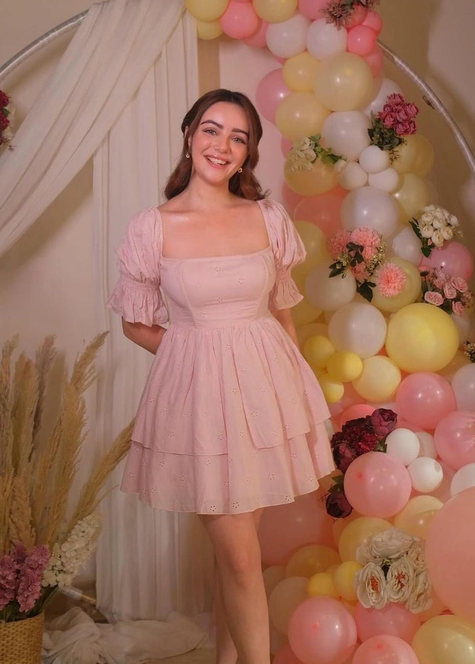 Pixie Baby Pink Schiffli Puff Corset Dress featuring delicate schiffli embroidery and puff sleeves for a whimsical look