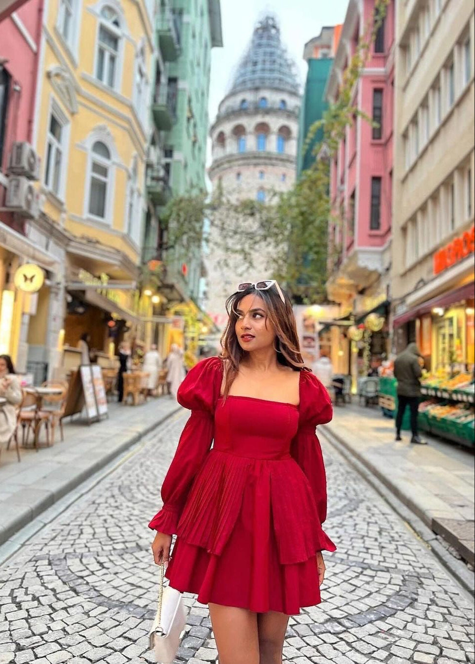 Pixie Burgundy Puff Corset Dress, featuring a dramatic puff design and a flattering corset bodice