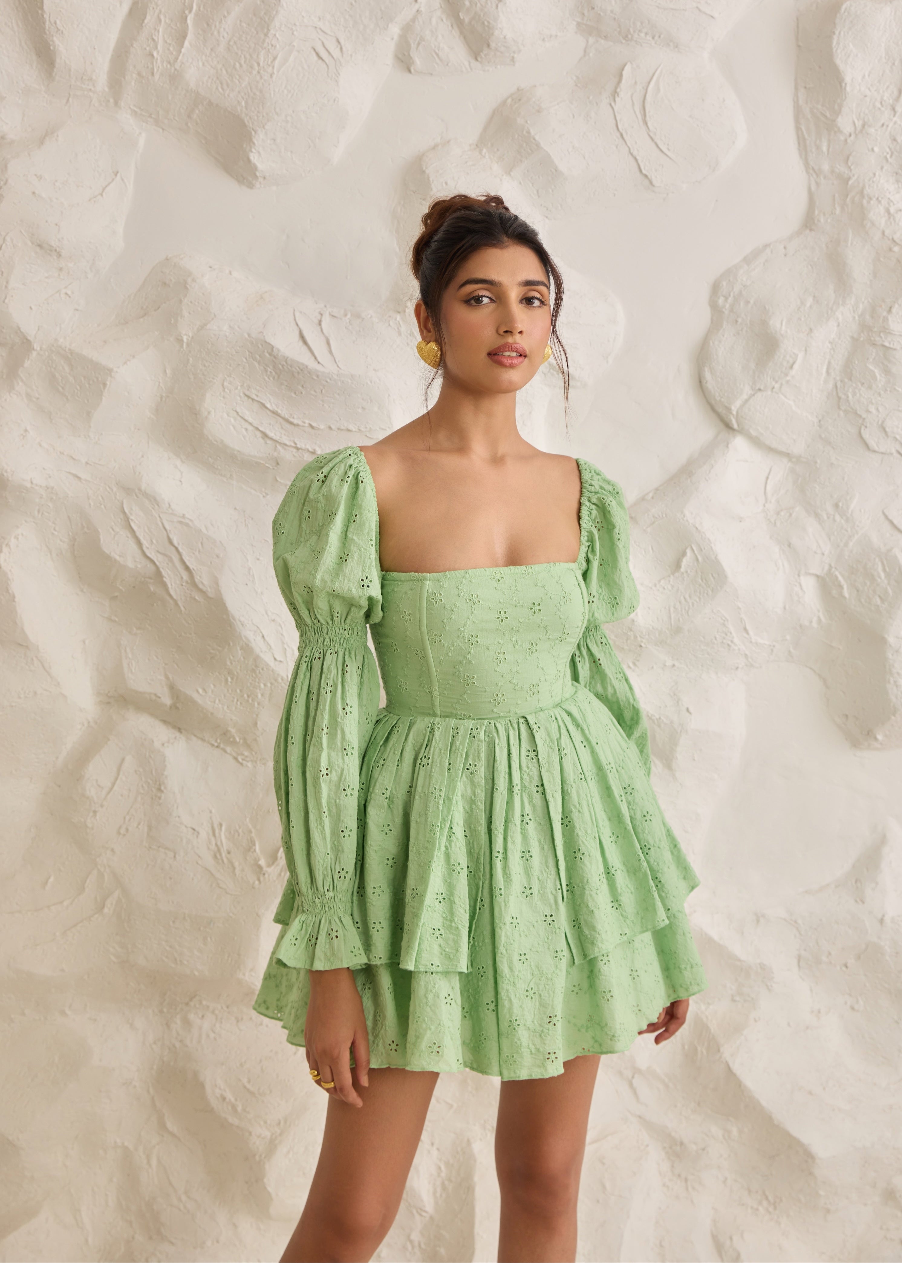 Green Schiffli puff corset dress with embroidered details and puffed sleeves