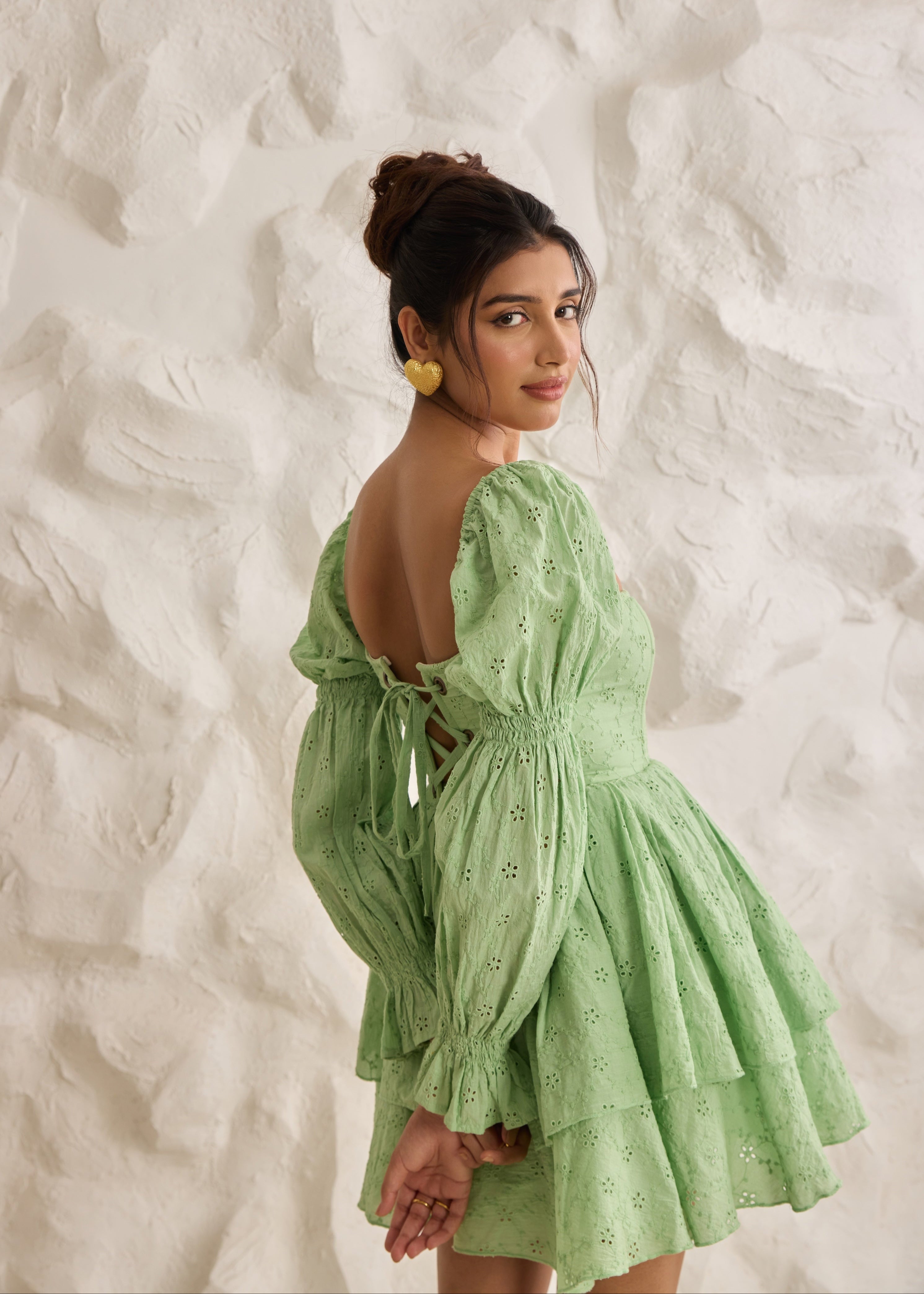 Green Schiffli puff corset dress with embroidered details and puffed sleeves