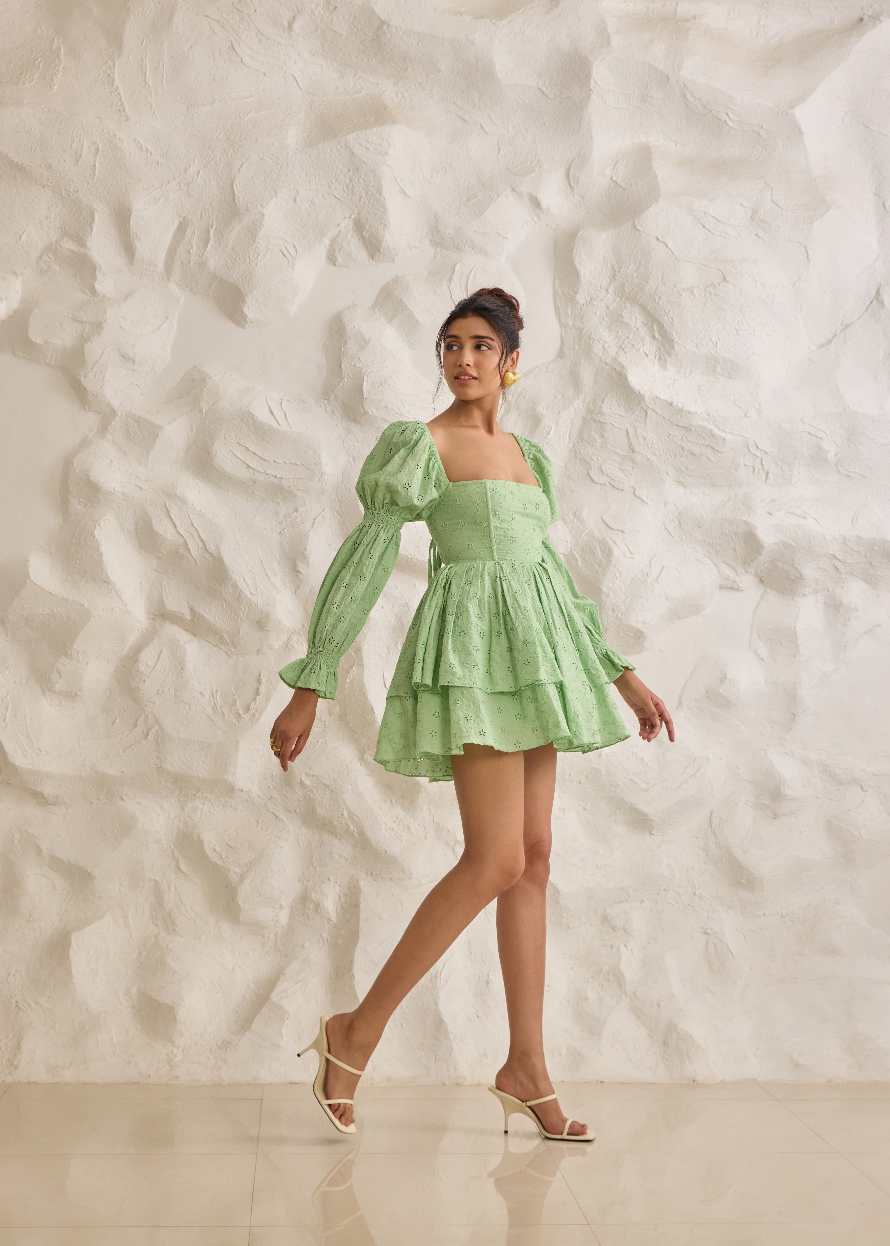 Green Schiffli puff corset dress with embroidered details and puffed sleeves