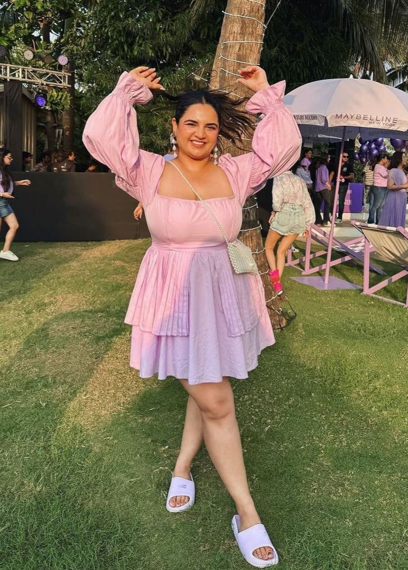 Pixie Baby Pink Schiffli Puff Corset Dress featuring delicate schiffli embroidery and puff sleeves for a whimsical look