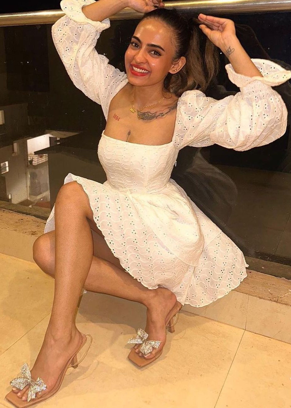 Delicate Pixie White Schiffli Puff Corset Dress with Intricate Embroidery