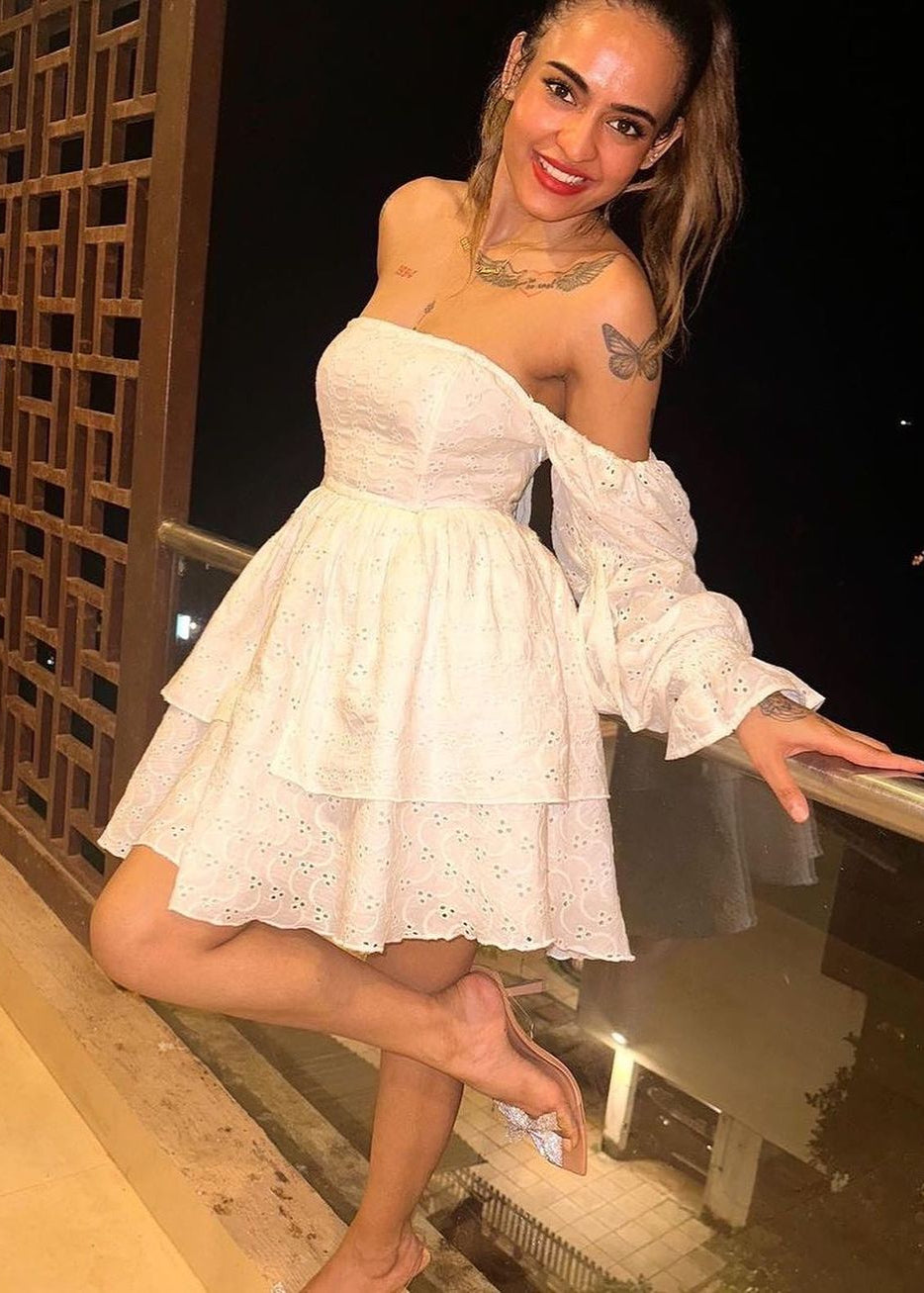 Delicate Pixie White Schiffli Puff Corset Dress with Intricate Embroidery