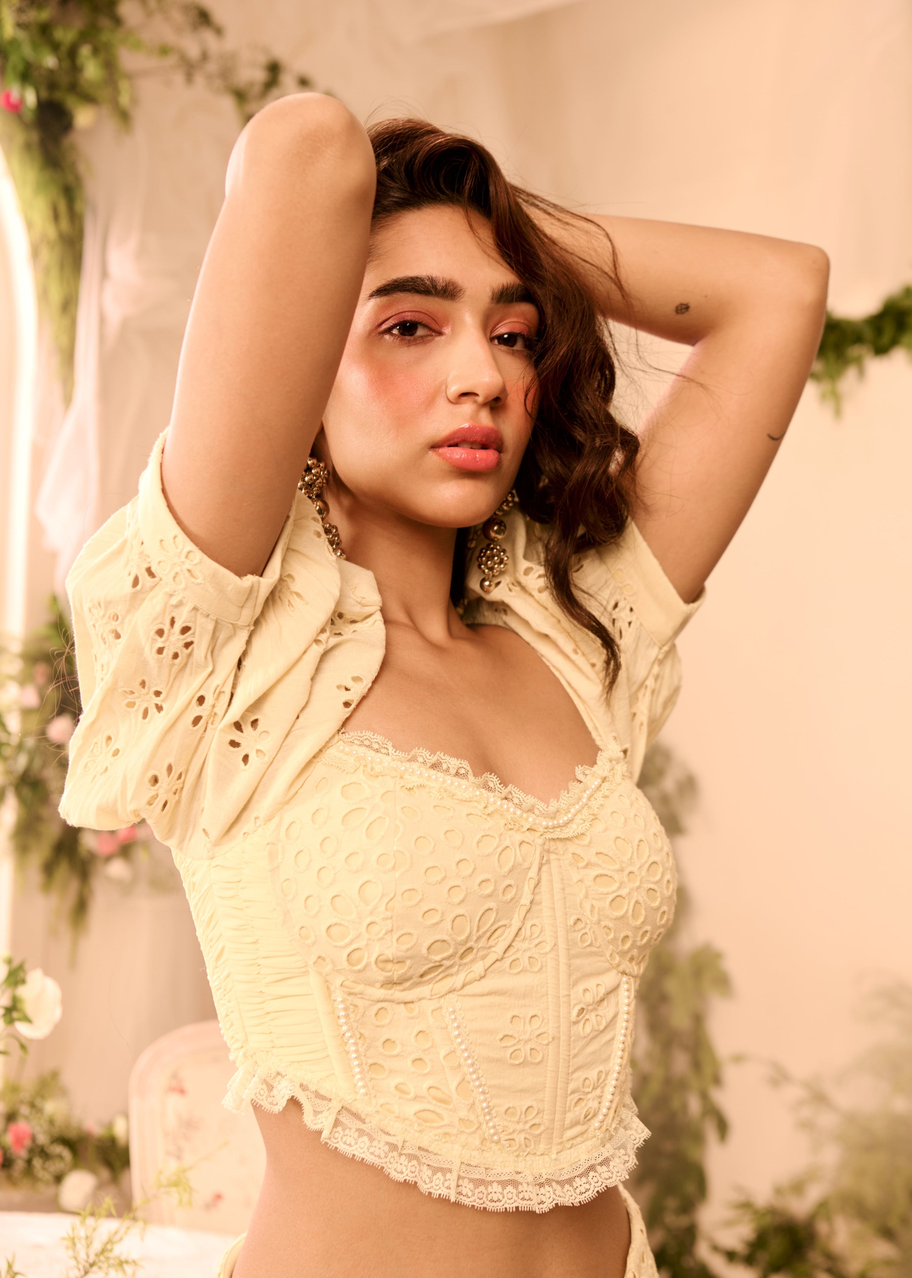 Poppy Yellow Schiffli Embellished Corset Top + Skirt Set