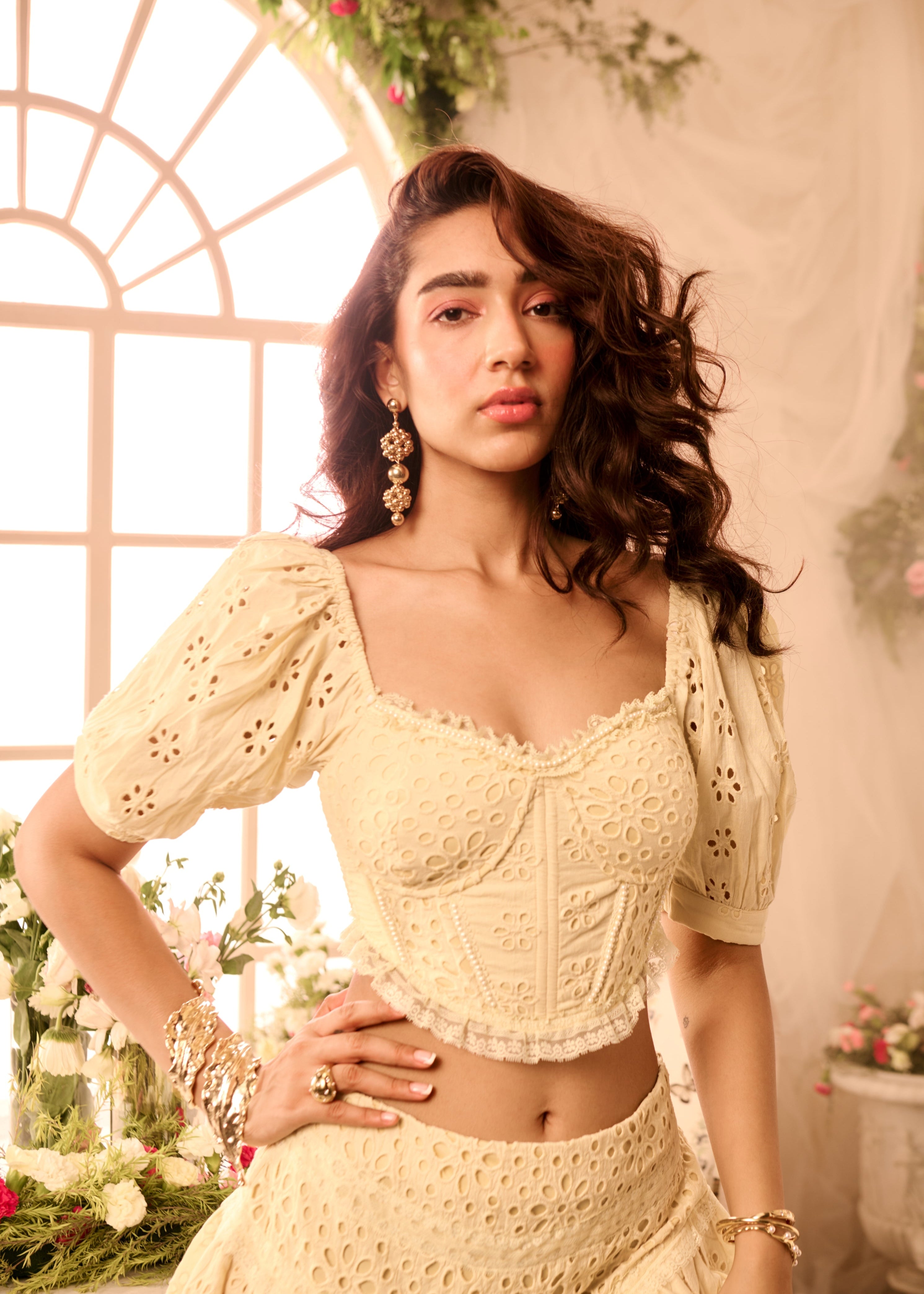 Poppy Yellow Schiffli Embellished Corset Top + Skirt Set