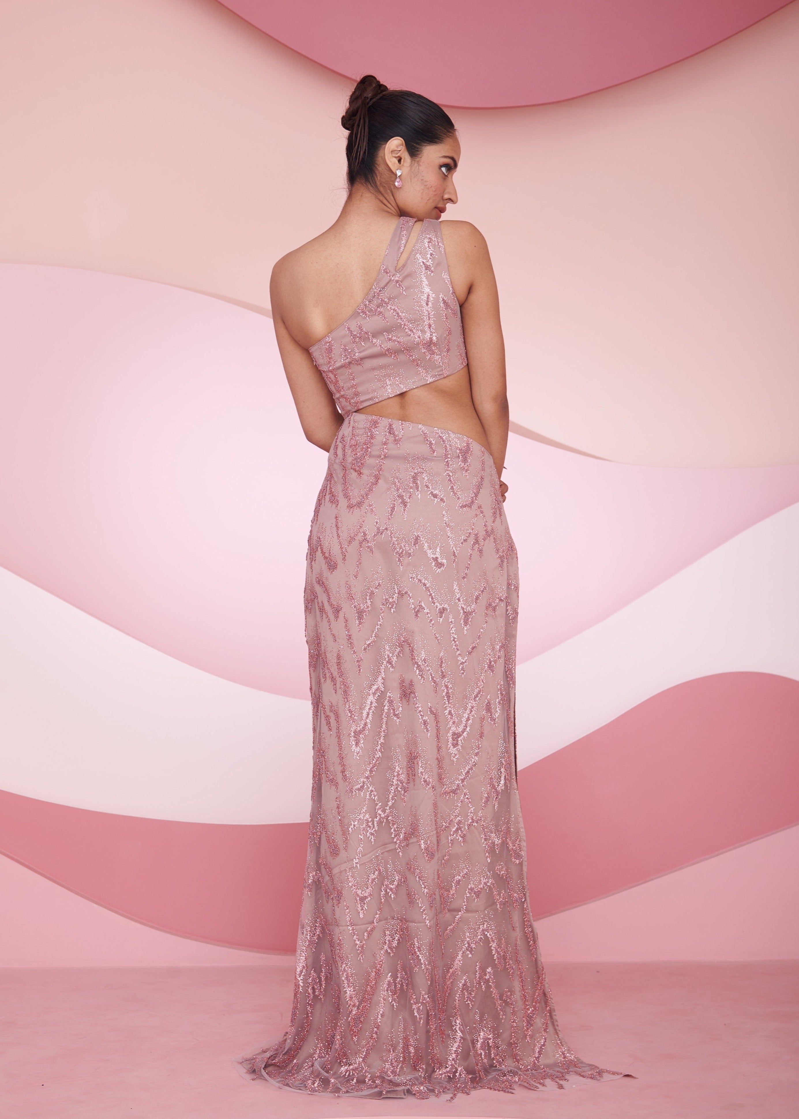 Rosalba mauve one-shoulder embellished gown featuring elegant embellishments and a stylish one-shoulder design, perfect for formal events.