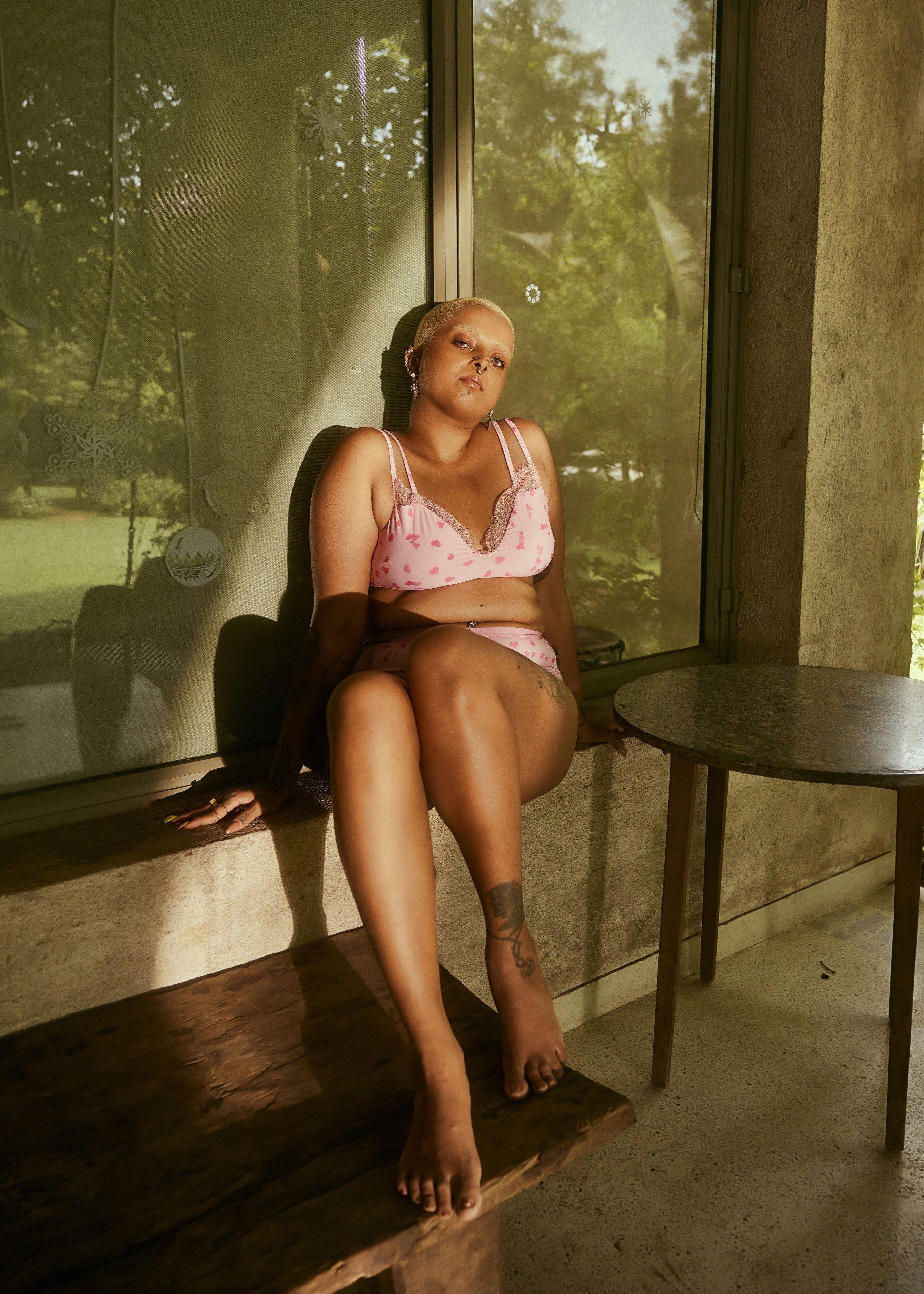 Rosamonde Pink Heart and Lace Bralette Set featuring romantic lace details and heart accents