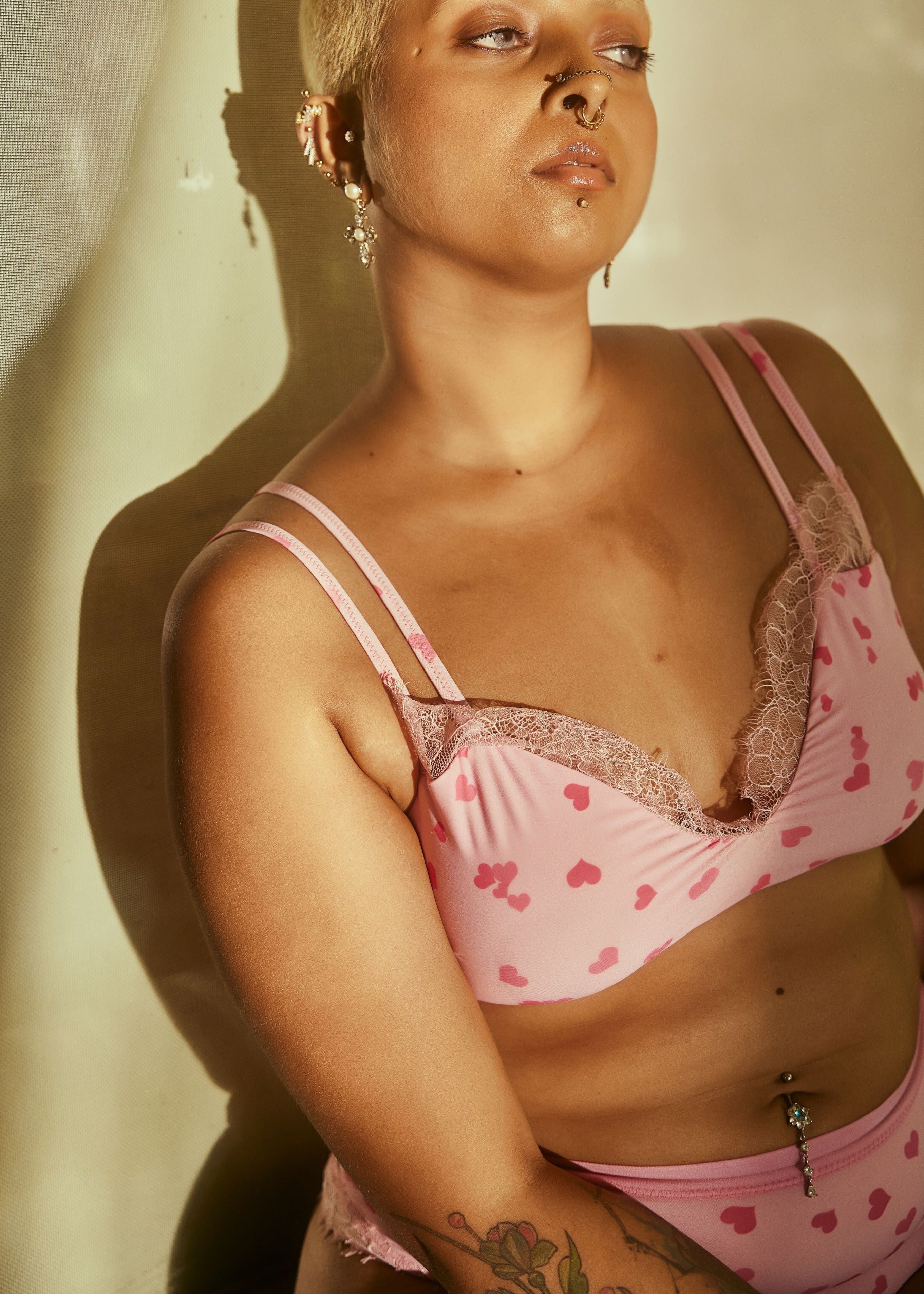 Rosamonde Pink Heart and Lace Bralette Set featuring romantic lace details and heart accents