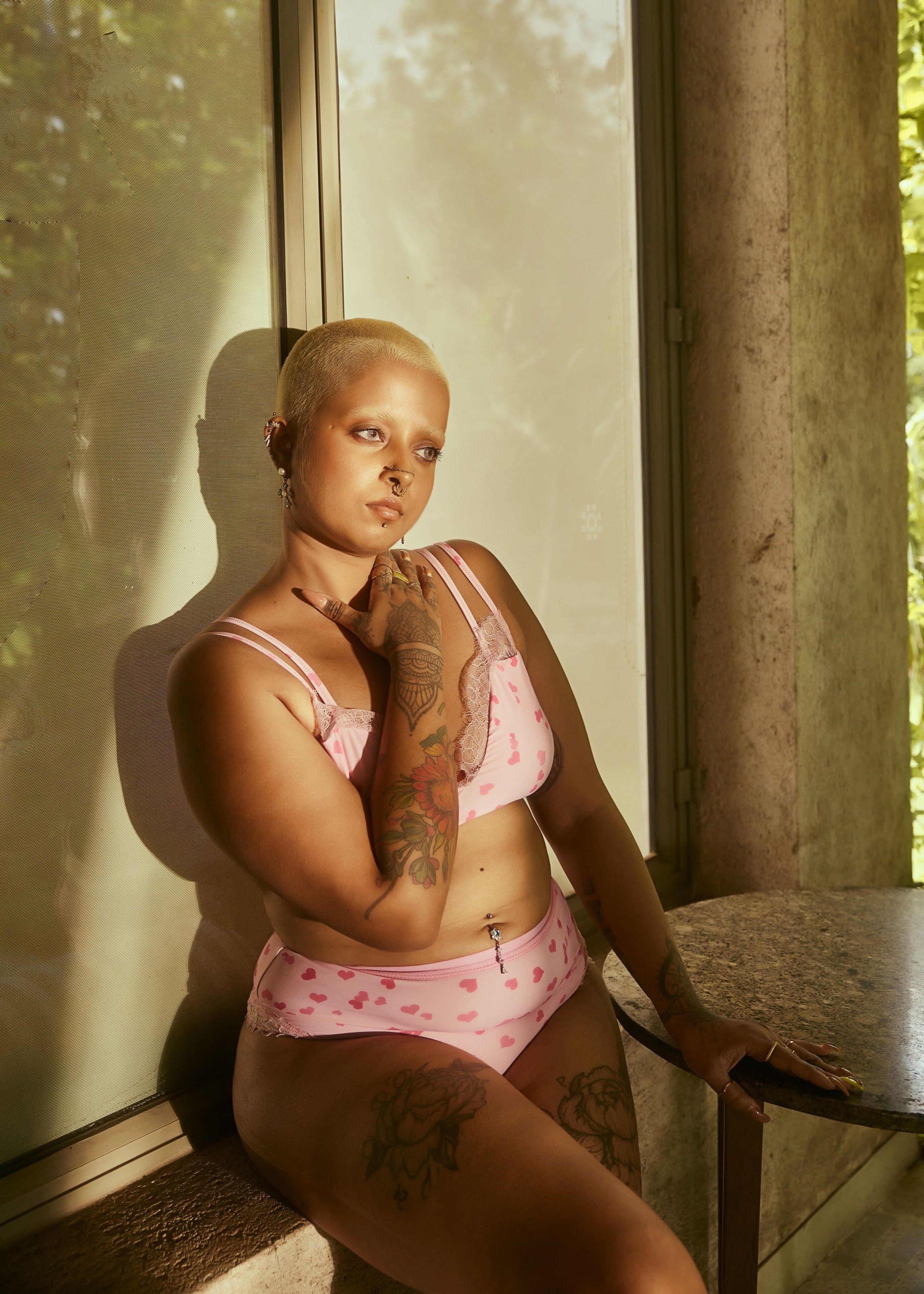 Rosamonde Pink Heart and Lace Bralette Set featuring romantic lace details and heart accents