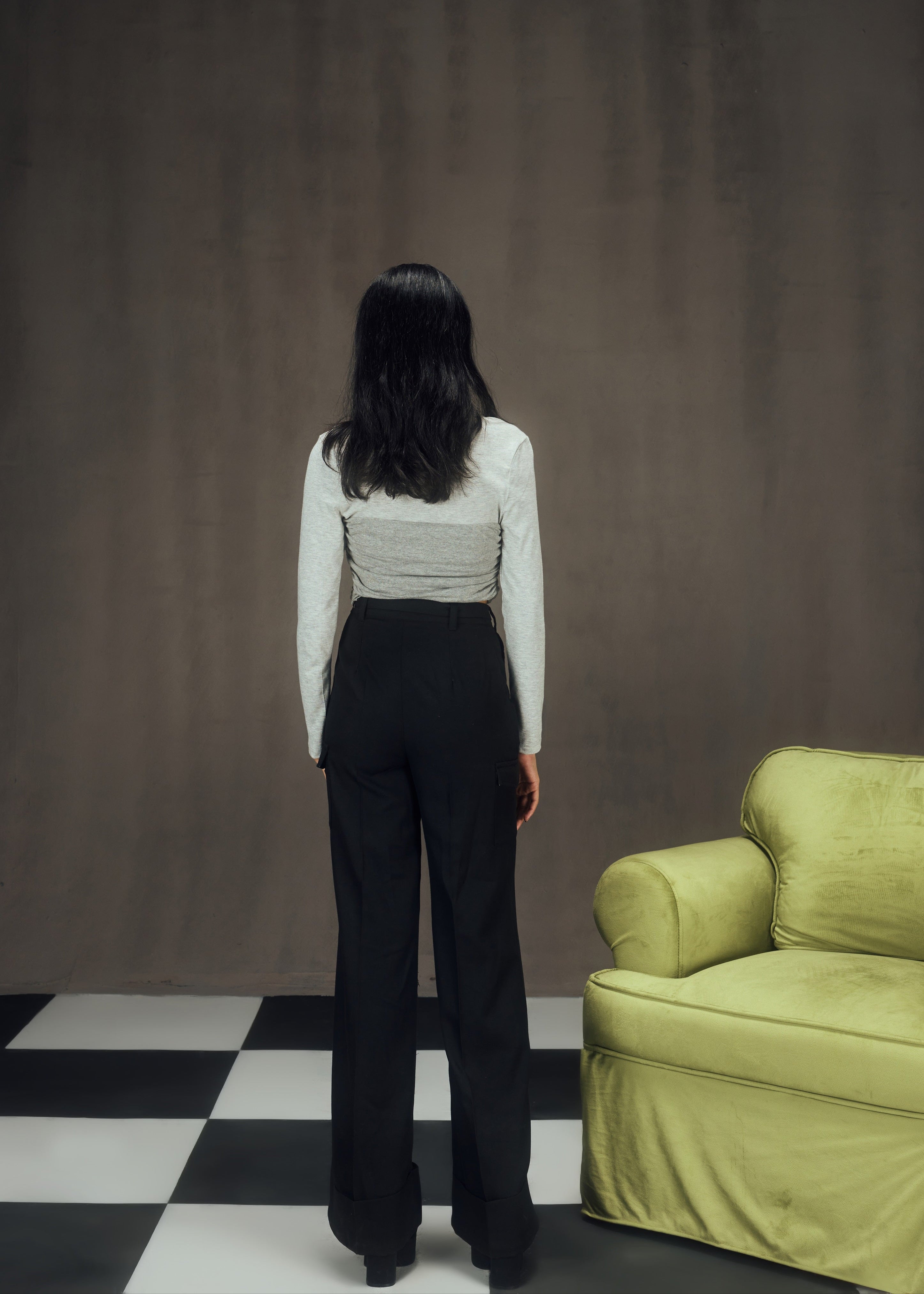 Rylee Grey Ruched Top and Black Tailored Pants Coord Set, combining modern style with sophisticated tailoring