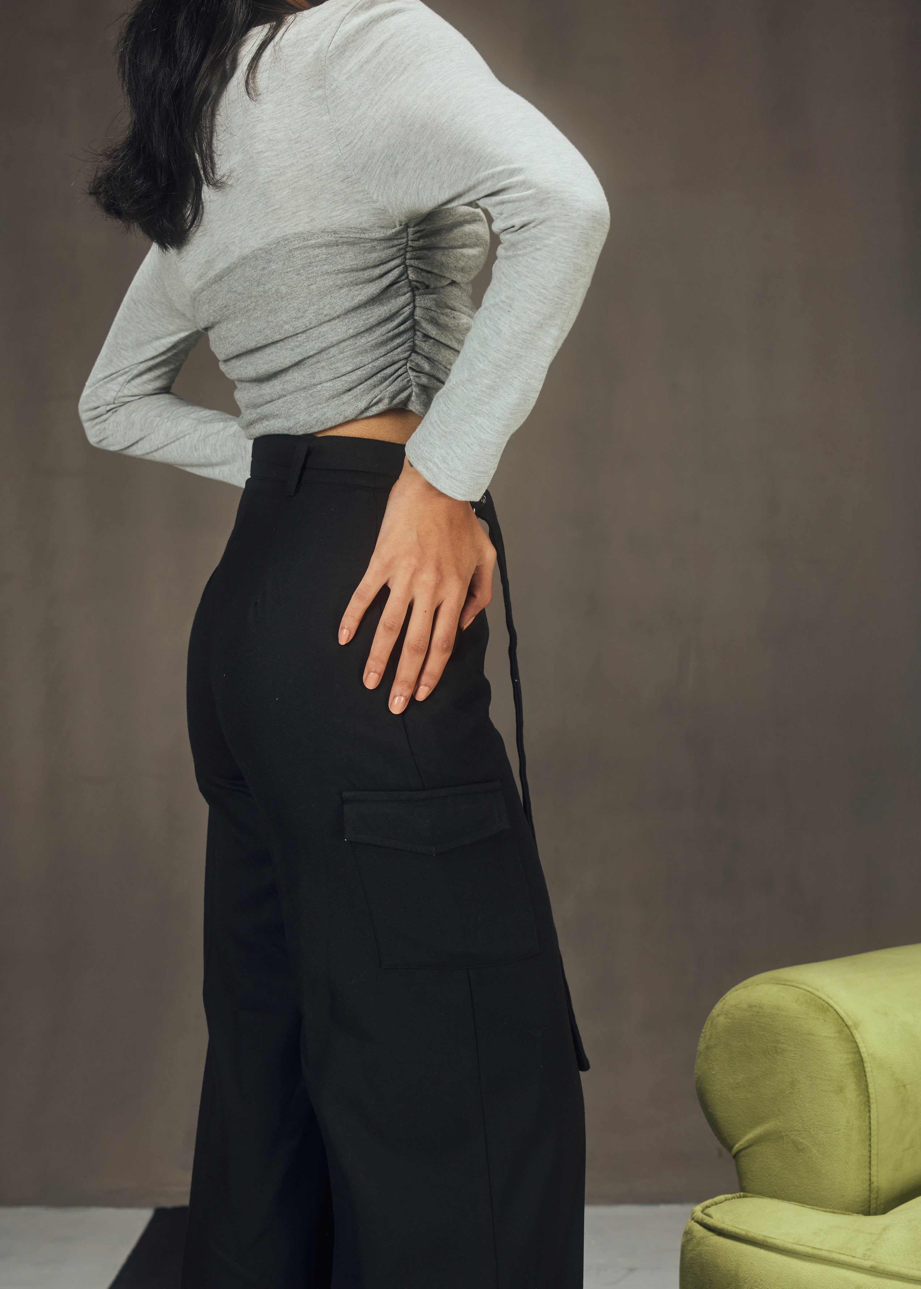 Rylee Grey Ruched Top and Black Tailored Pants Coord Set, combining modern style with sophisticated tailoring