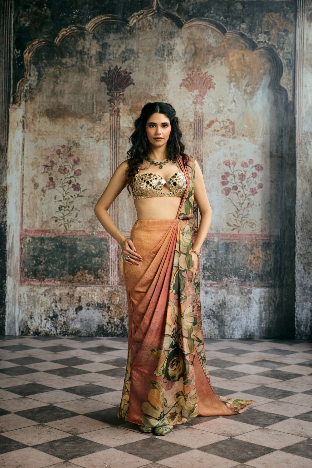 Iranya Hand Embroidered Mirror Blouse and Floral Tissue Pre-Drape Saree Set