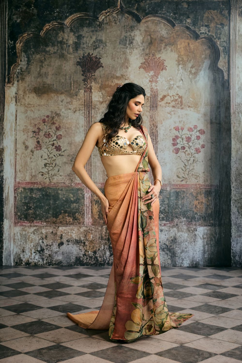 Iranya Hand Embroidered Mirror Blouse and Floral Tissue Pre-Drape Saree Set