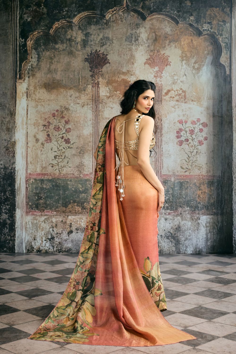 Iranya Hand Embroidered Mirror Blouse and Floral Tissue Pre-Drape Saree Set